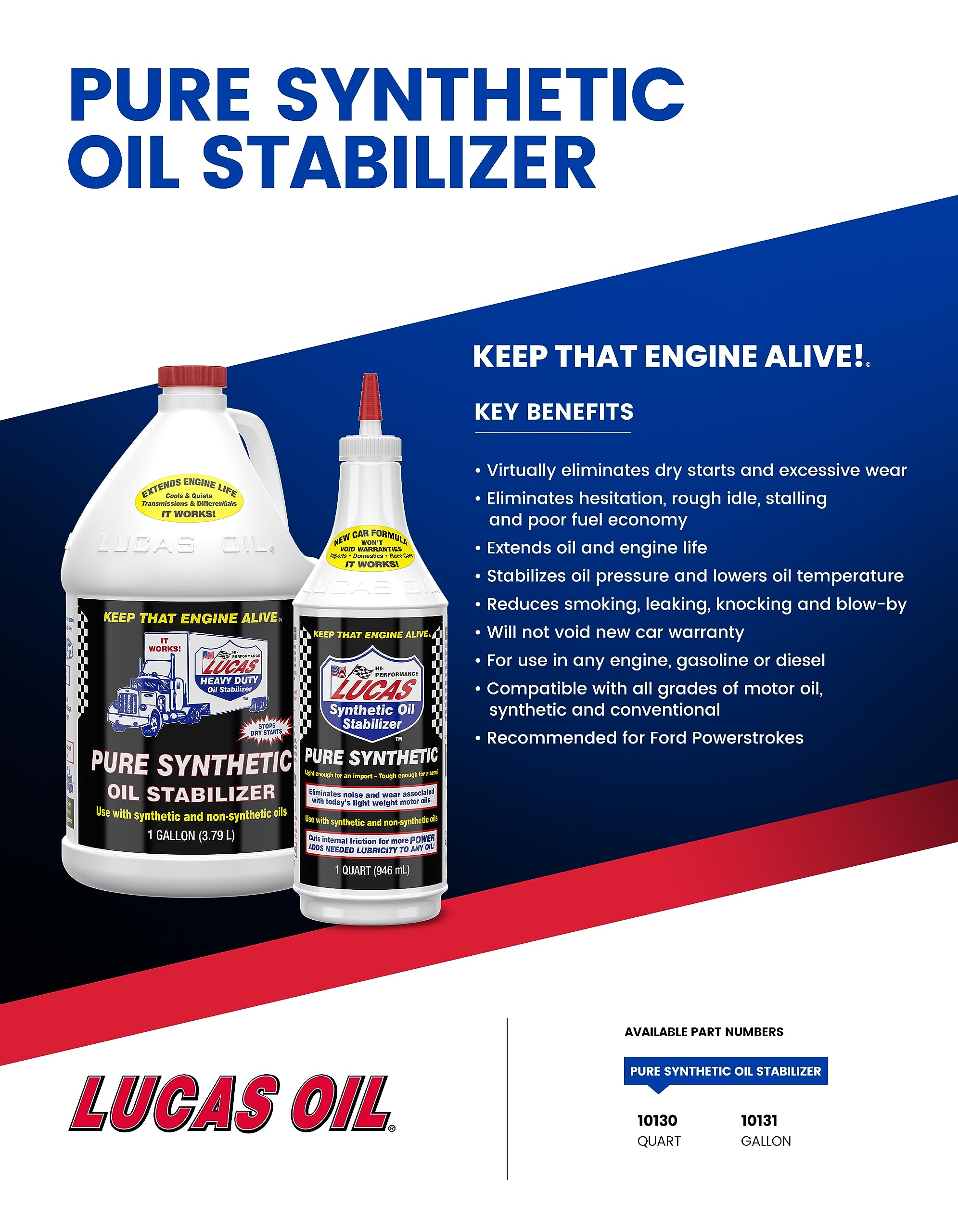 Lucas Oil 10130 Pure Synthetic Oil Stabilizer - 1 Quart | Engine Protection & Performance Booster | Ideal for Cars, Trucks & Motorcycles