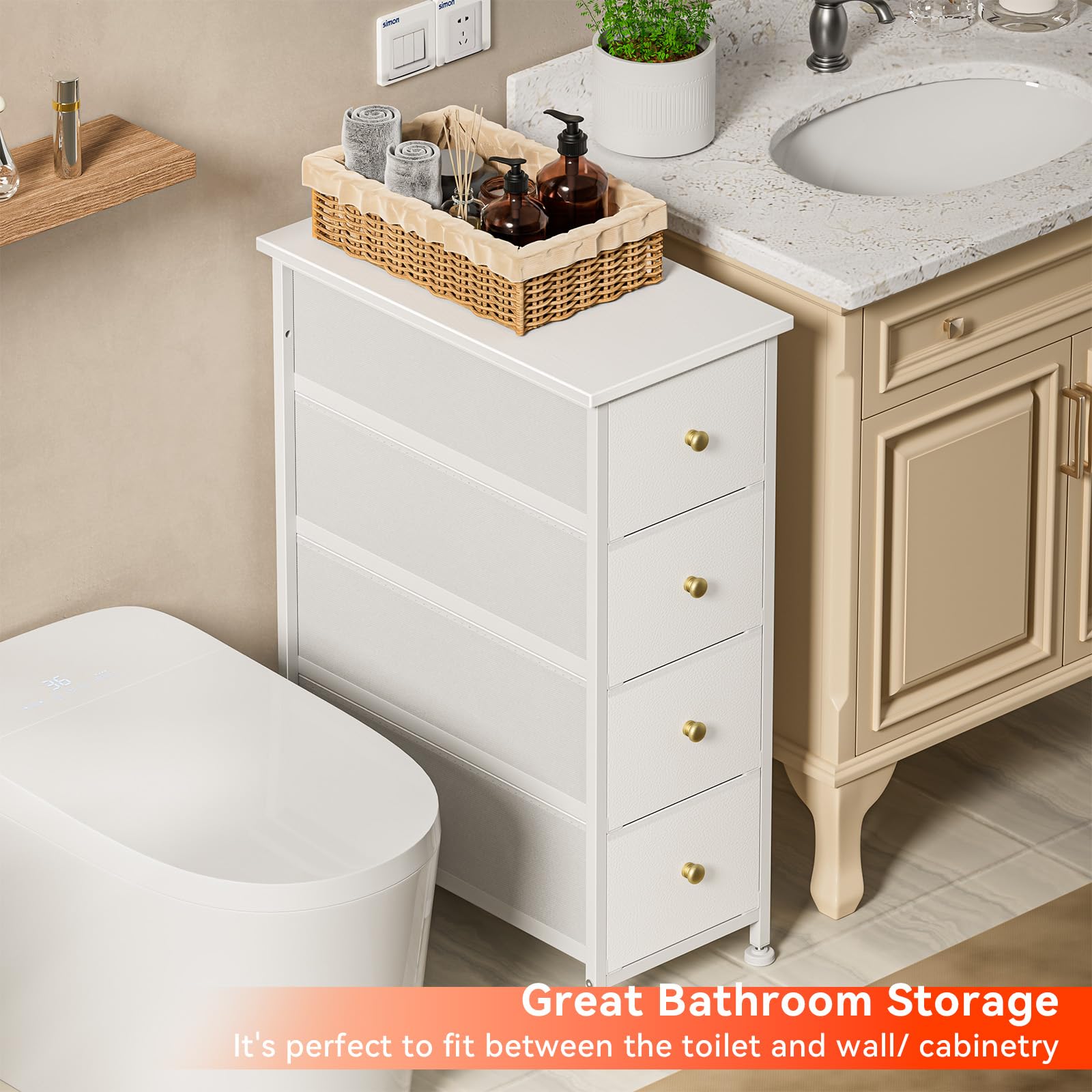 Slim 4-Drawer Dresser with Wood Top & Steel Frame - White for Bedroom & Small Spaces