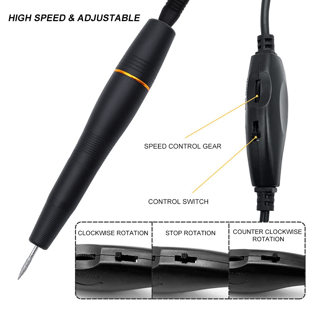 Layfoo Electric Nail Pen - 20000 RPM Professional Manicure Kit with Multiple Bits for Natural Nails, Home Salon & DIY Nail Care (Black) | Perfect for Gel Polish Removal, Acrylic Shaping & At-Home Nail Art
