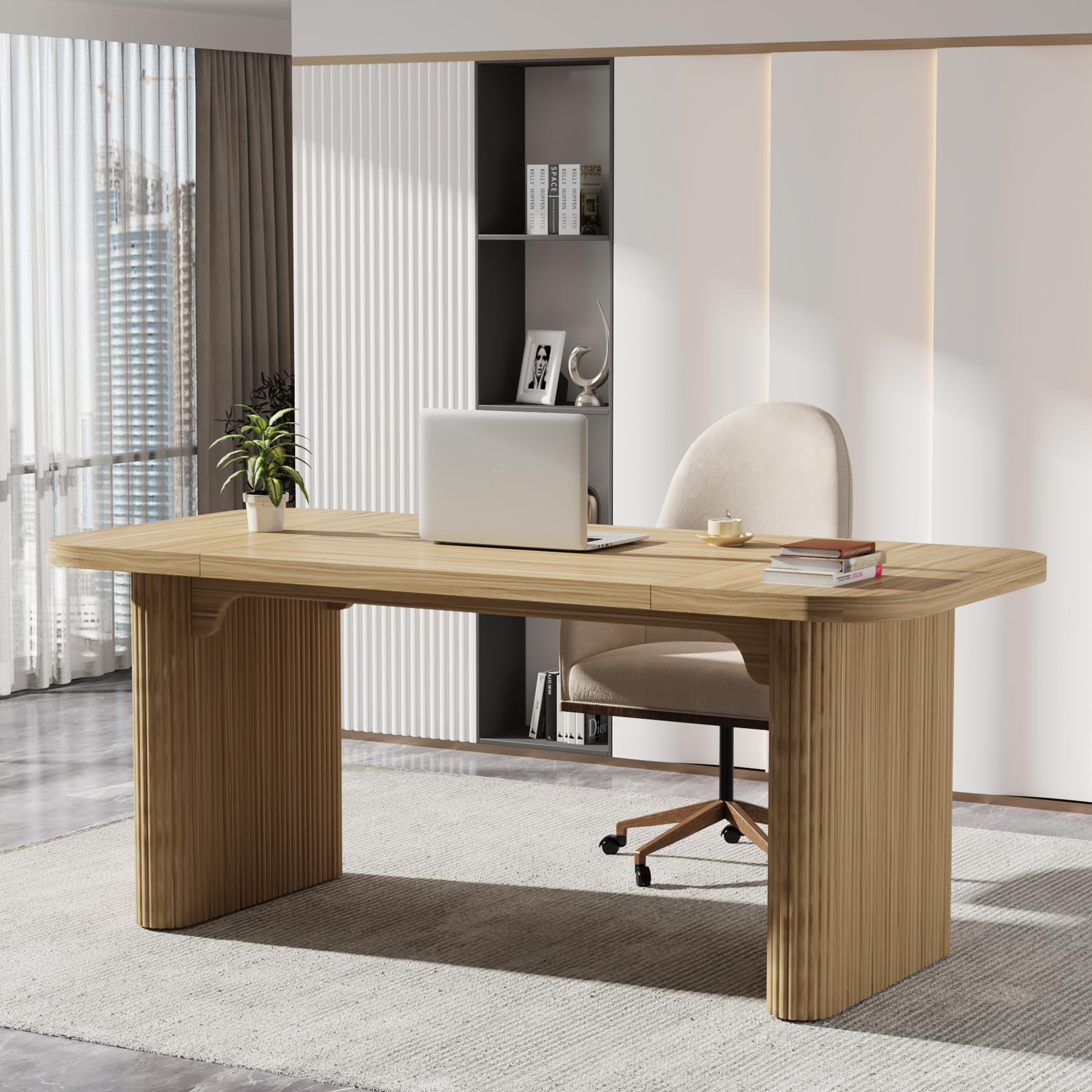 Tribesigns 62 Inch Modern Executive Office Desk with Double Pedestal - Large Computer Writing Table for Home Office, Study & Workspace (Natural Wood Finish) - Perfect for Remote Work, Gaming & Productivity