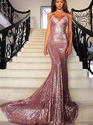 Sparkly Sequin Mermaid Prom Dress for Women - V Neck Spaghetti Straps Backless Evening Gown for Homecoming, Party & Special Occasions