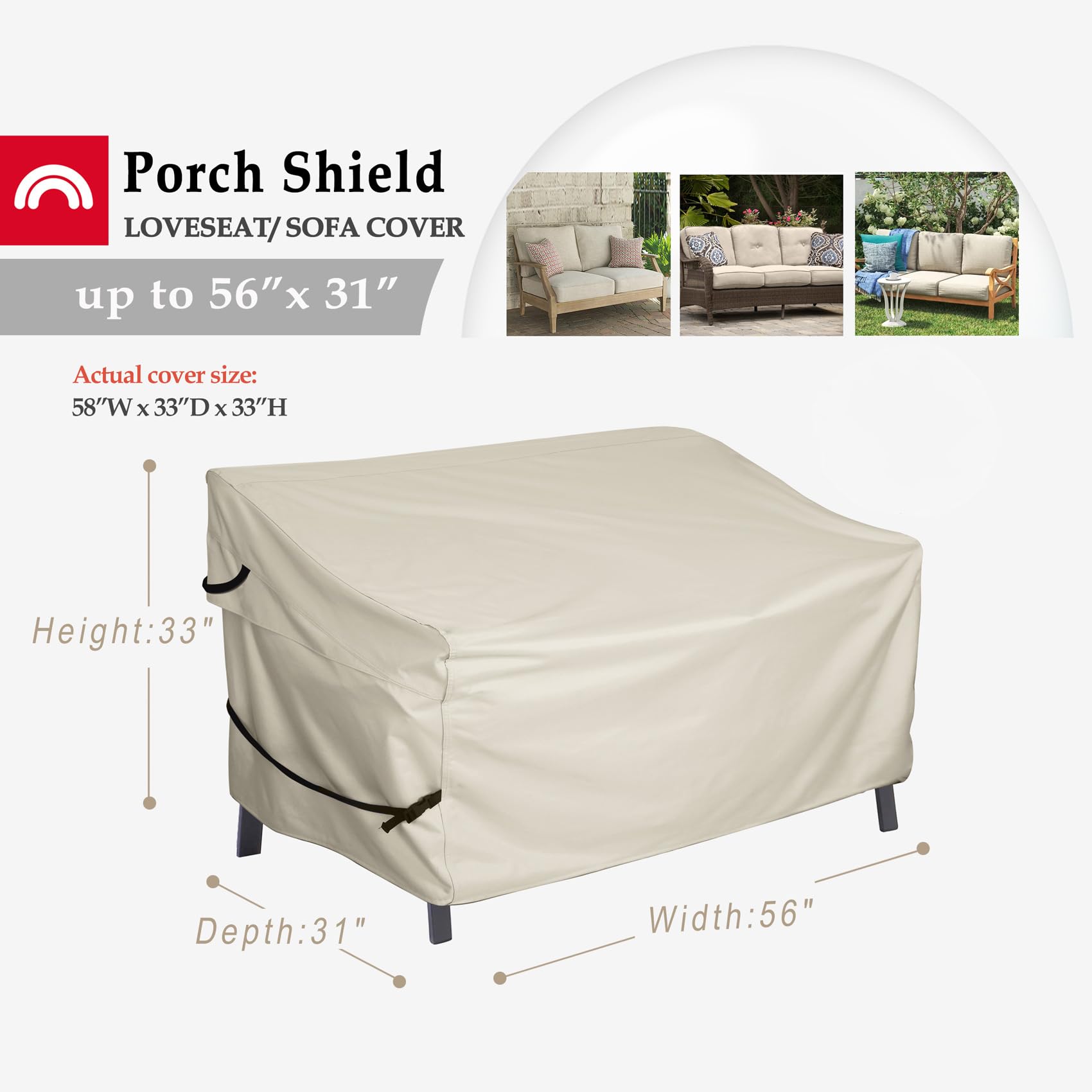 Waterproof Outdoor Bench Sofa Cover for 2-Seater Loveseat - 56W x 31D x 33H Inches, Beige Patio Furniture Protector - Perfect for Porch, Deck, Garden & Backyard Use