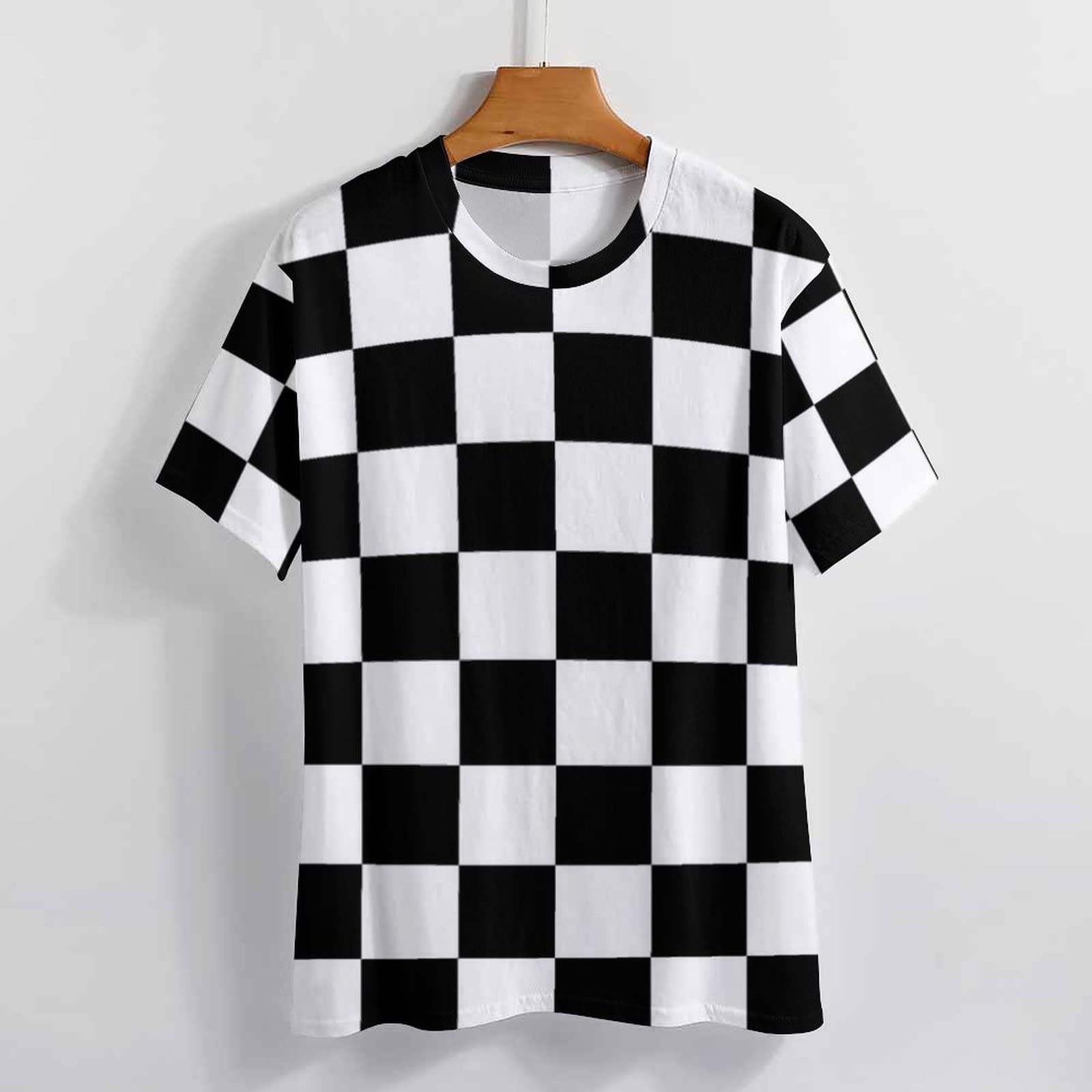 Bagea-Ka Women's Black & White Checkered Flag Graphic Print Short Sleeve T-Shirt | Race Day Outfit | Casual Streetwear Tee for Women | Perfect for Motorsport Events, Concerts & Everyday Wear