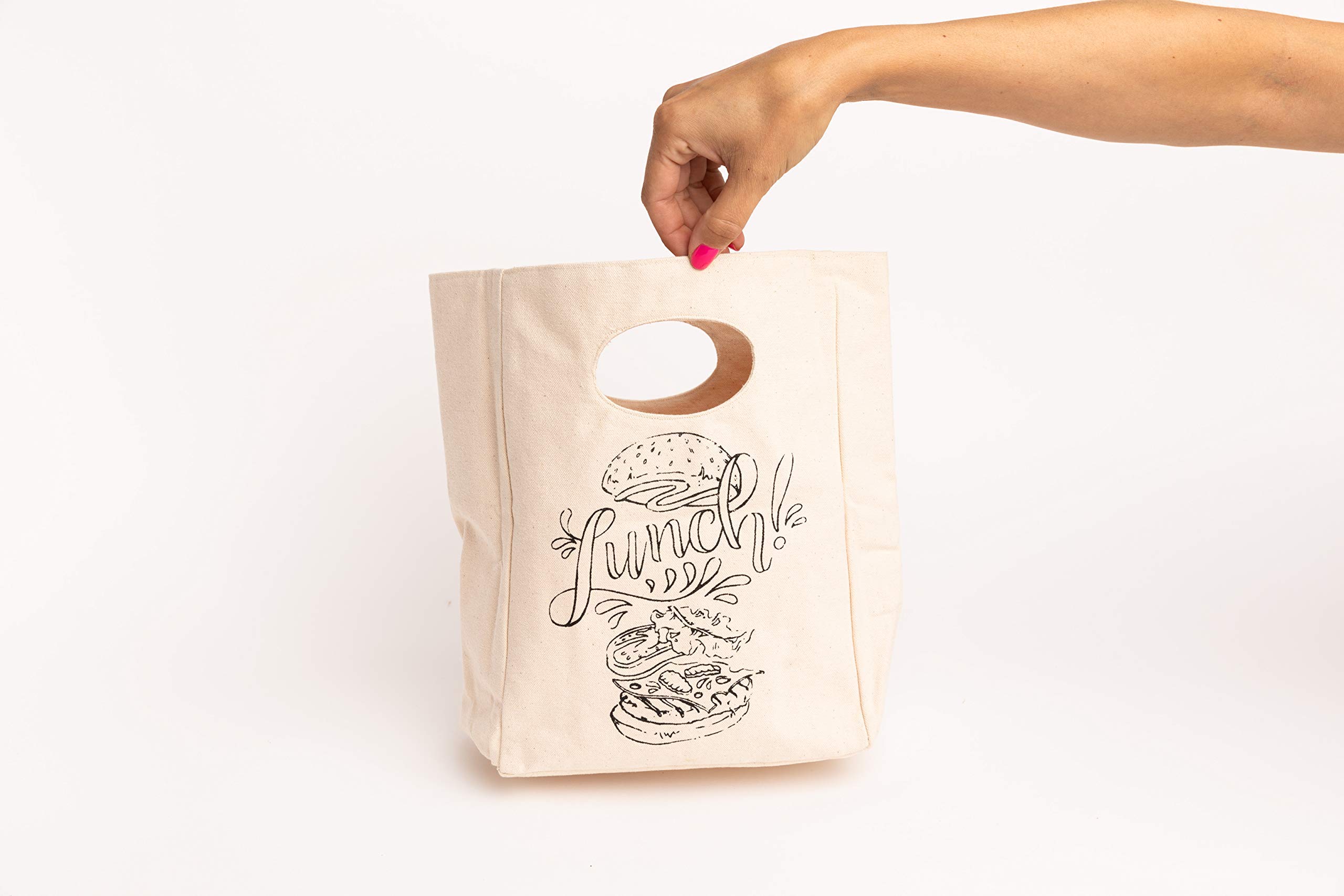 Organic Cotton Canvas Lunch Bag - Eco-Friendly & Machine Washable Reusable Lunch Tote for Men, Women & Kids - Water Resistant Easy Clean Food Container - Perfect for School, Work, Picnics & Outdoor Activities (White with Black Print - 2 Pack)
