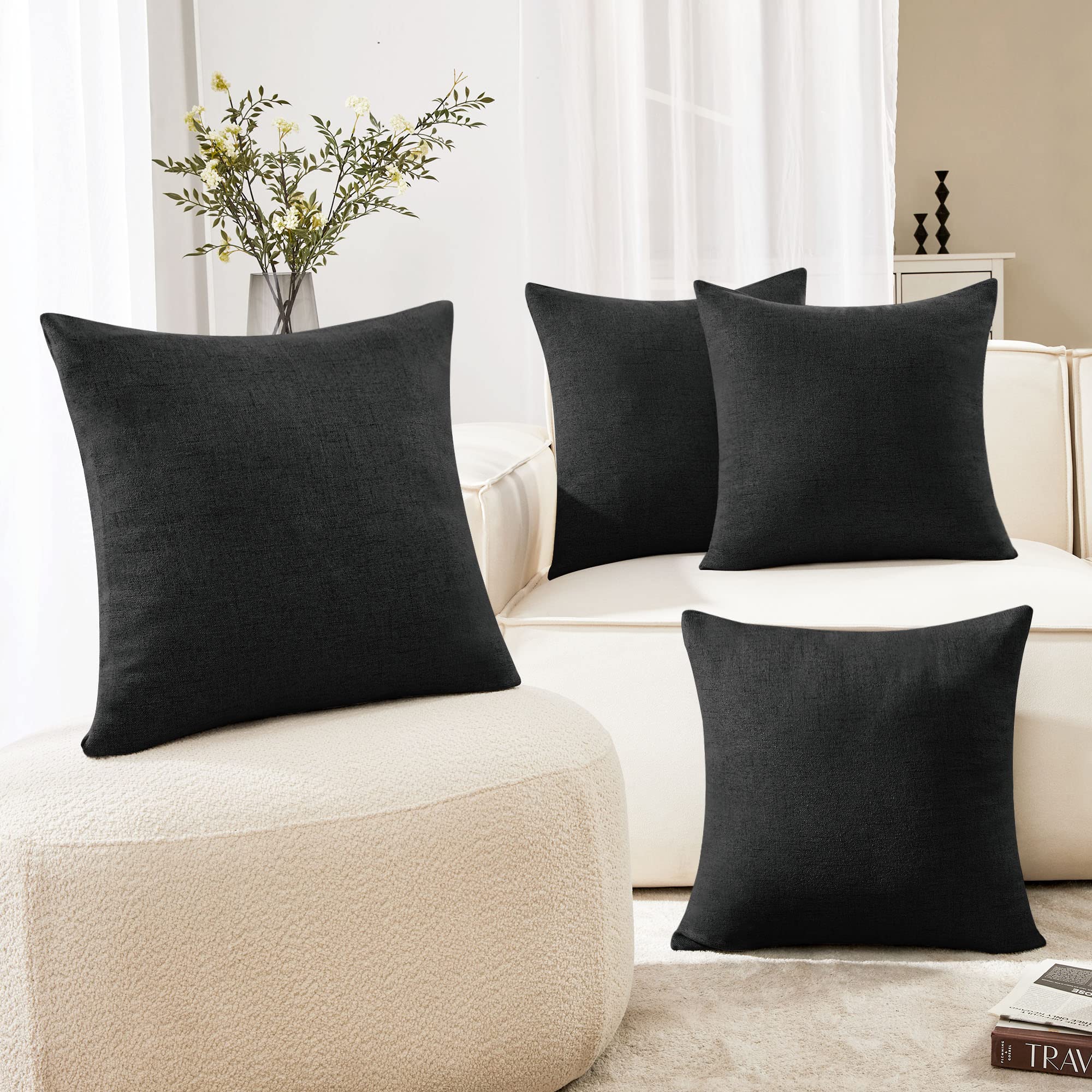 Deconovo 22x22 Inch Black Linen Throw Pillow Cover Set of 4 - Halloween Decorative Cushion Covers with Invisible Zipper for Sofa, Couch, Bed - No Insert Included | Home Decor, Living Room, Seasonal Accent