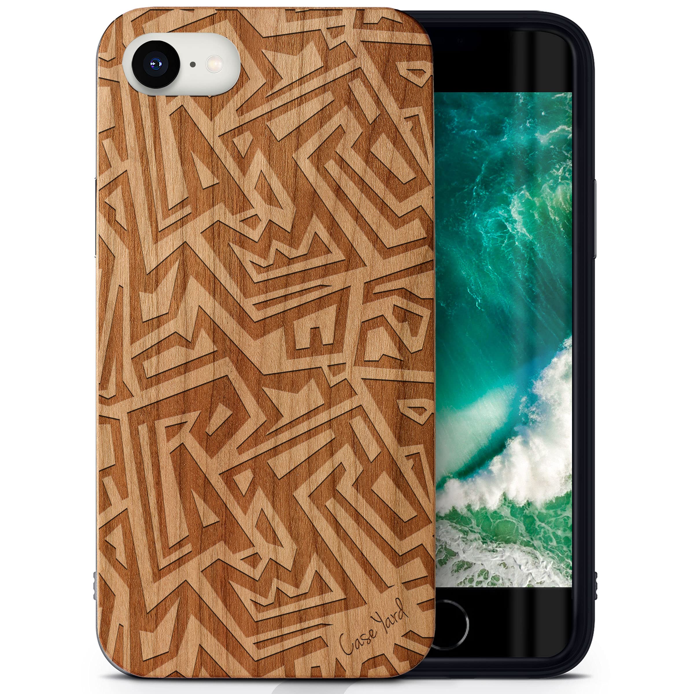 CaseYard Wooden iPhone SE Case - Laser Engraved African Pattern Cherry Wood Protective Cover | Shockproof Slim Fit Phone Case for Men & Women | Perfect for Outdoor Adventures & Daily Use