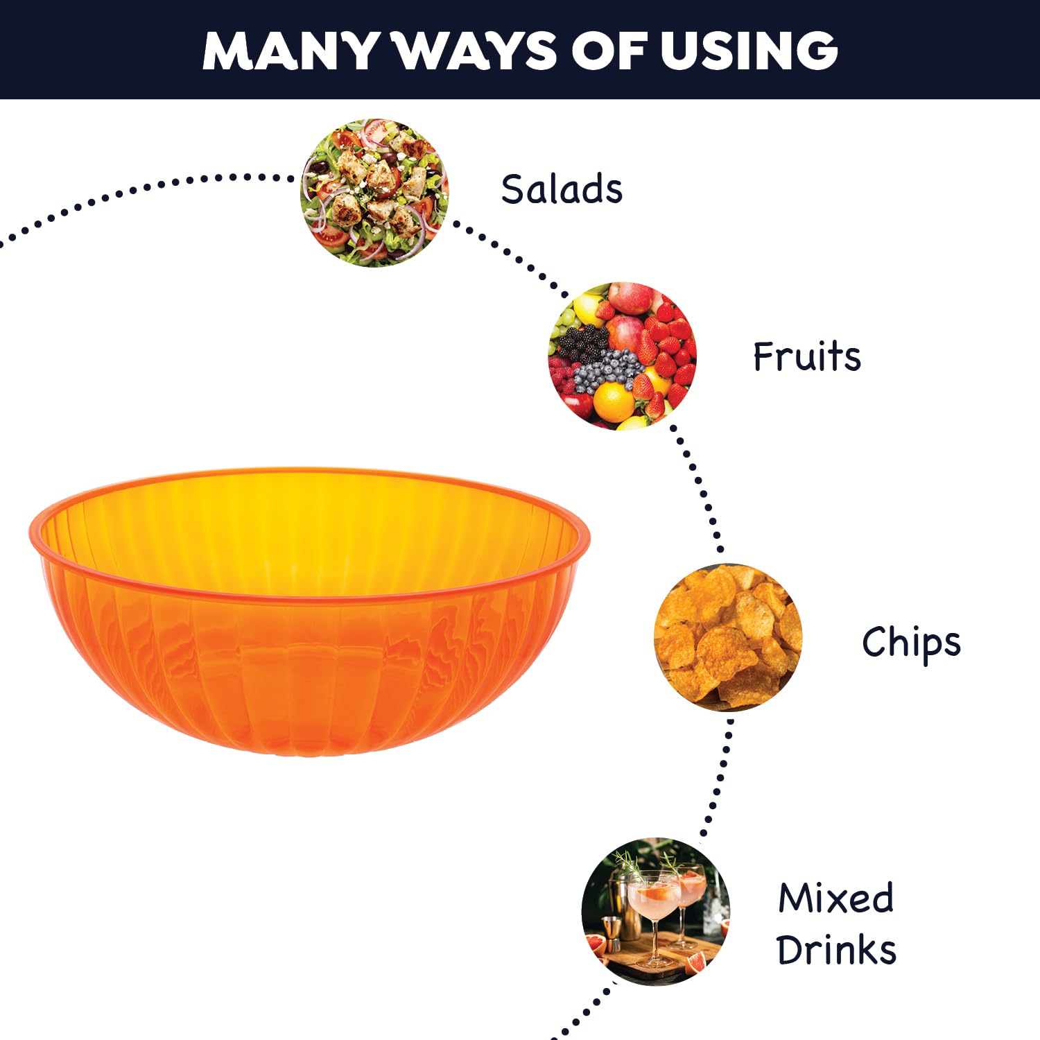 3-Pack Neon Orange Large Serving Bowls - 192oz (6QT/1.5 Gallon) Hard Plastic Party Bowls for Punch, Salad, Snacks, Treats & Fruits - Perfect for Parties, BBQs, Picnics & Family Gatherings