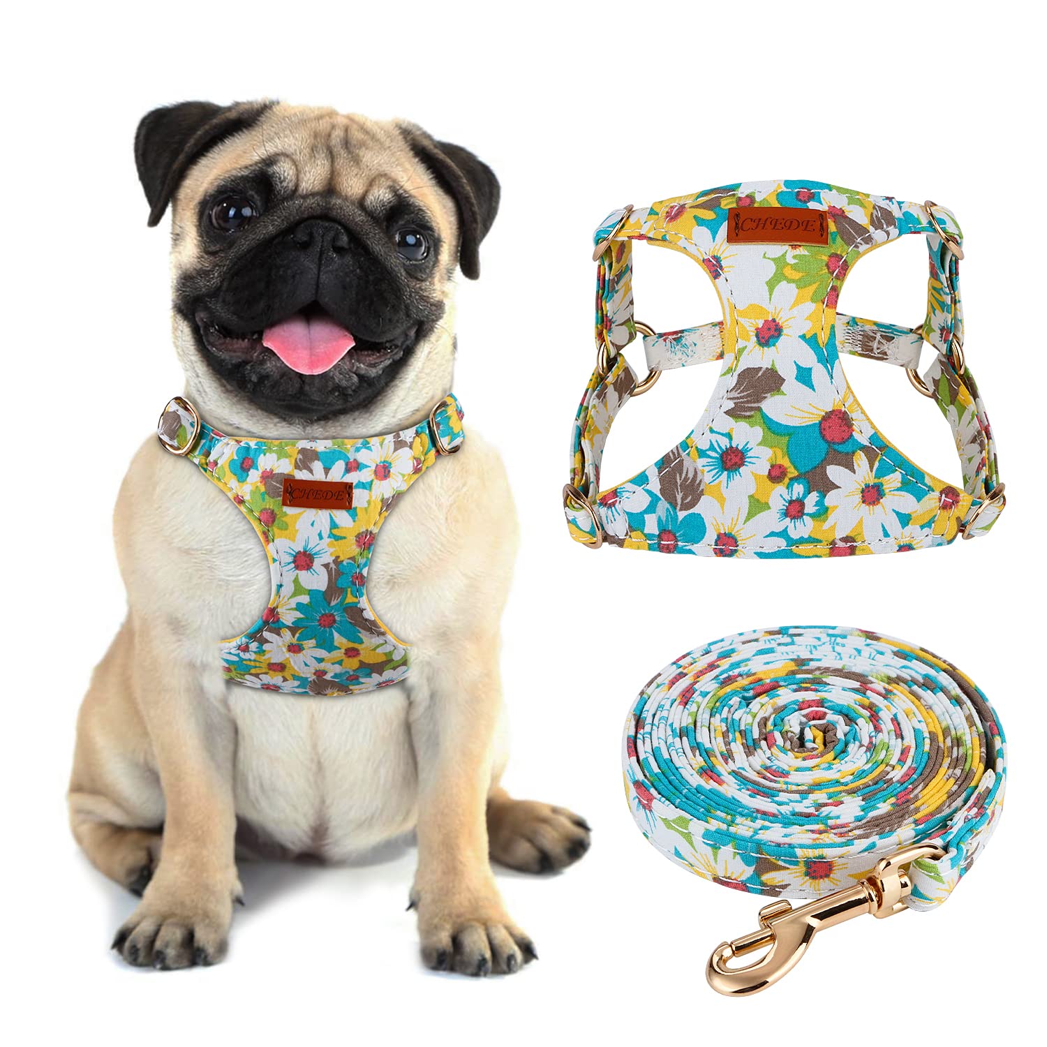 **CHEDE No Pull Floral Dog Harness - Adjustable Soft & Lightweight Small Dog Harness with Leash Set for Puppies & Medium Dogs - Perfect for Walks, Training & Outdoor Adventures**