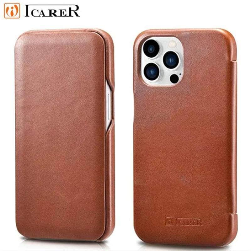 iCarer Premium Genuine Leather Flip Case for iPhone 13 Pro - Slim Protective Cover with Card Slots | Perfect for Business, Travel & Everyday Use