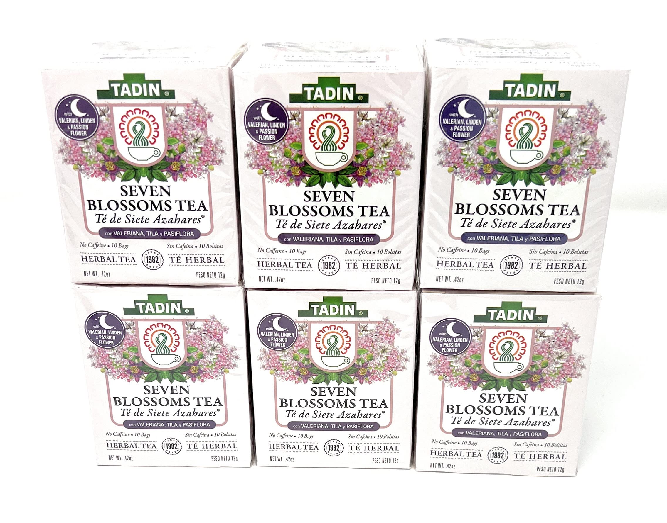Tadin Seven Blossoms Herbal Tea with Valerian Root, Tila Linden & Passion Flower - 6 Boxes (10 Tea Bags Each, 60 Total) - Relaxing Blend for Stress Relief & Better Sleep