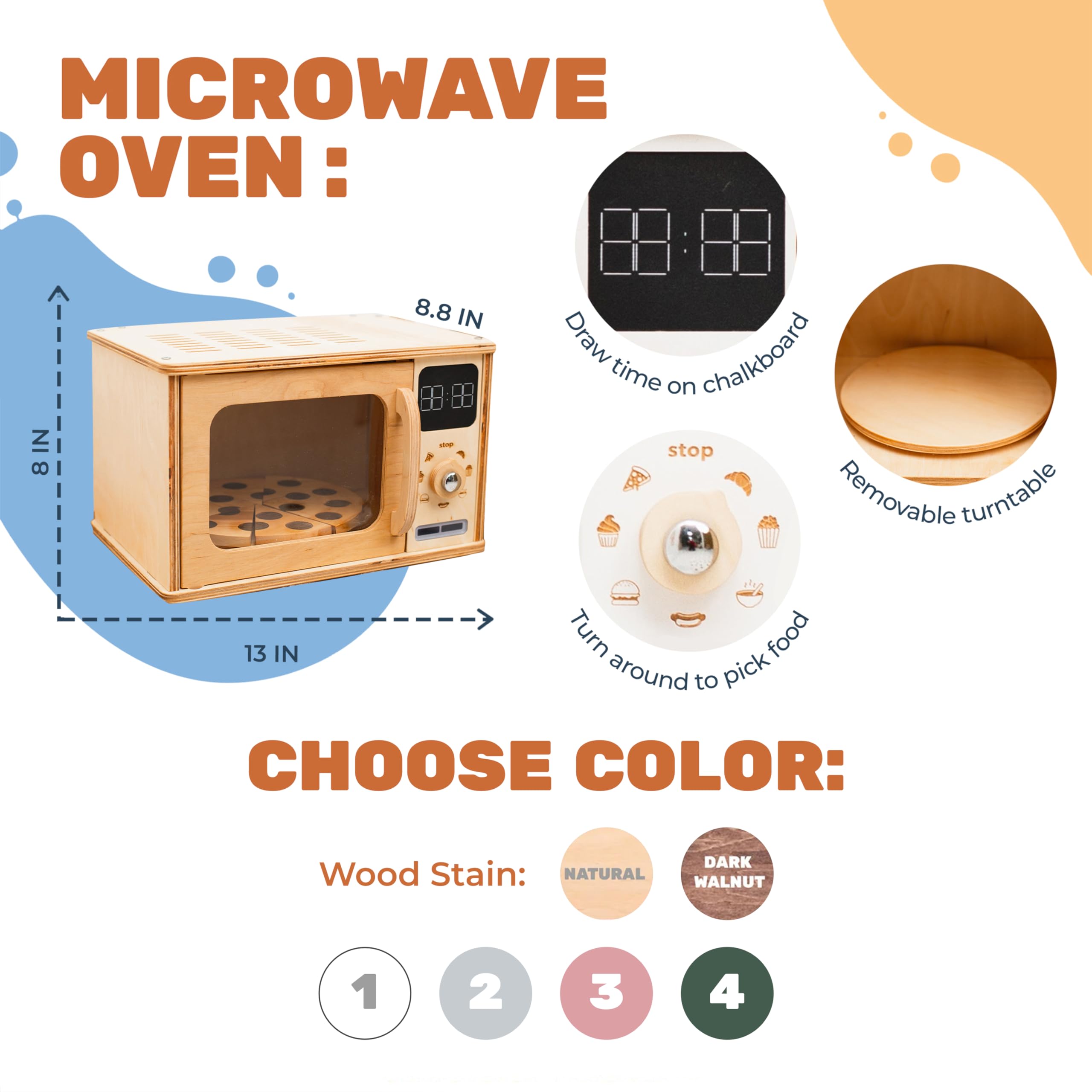Montessori Wooden Kids Microwave Oven Toy - Natural Wood Play Kitchen for Toddlers 2-3 Years | Pretend Play, Learning Toy, Nursery Decor & Birthday Gift (Dark Walnut) - Perfect for Playrooms, Daycares & Montessori Classrooms
