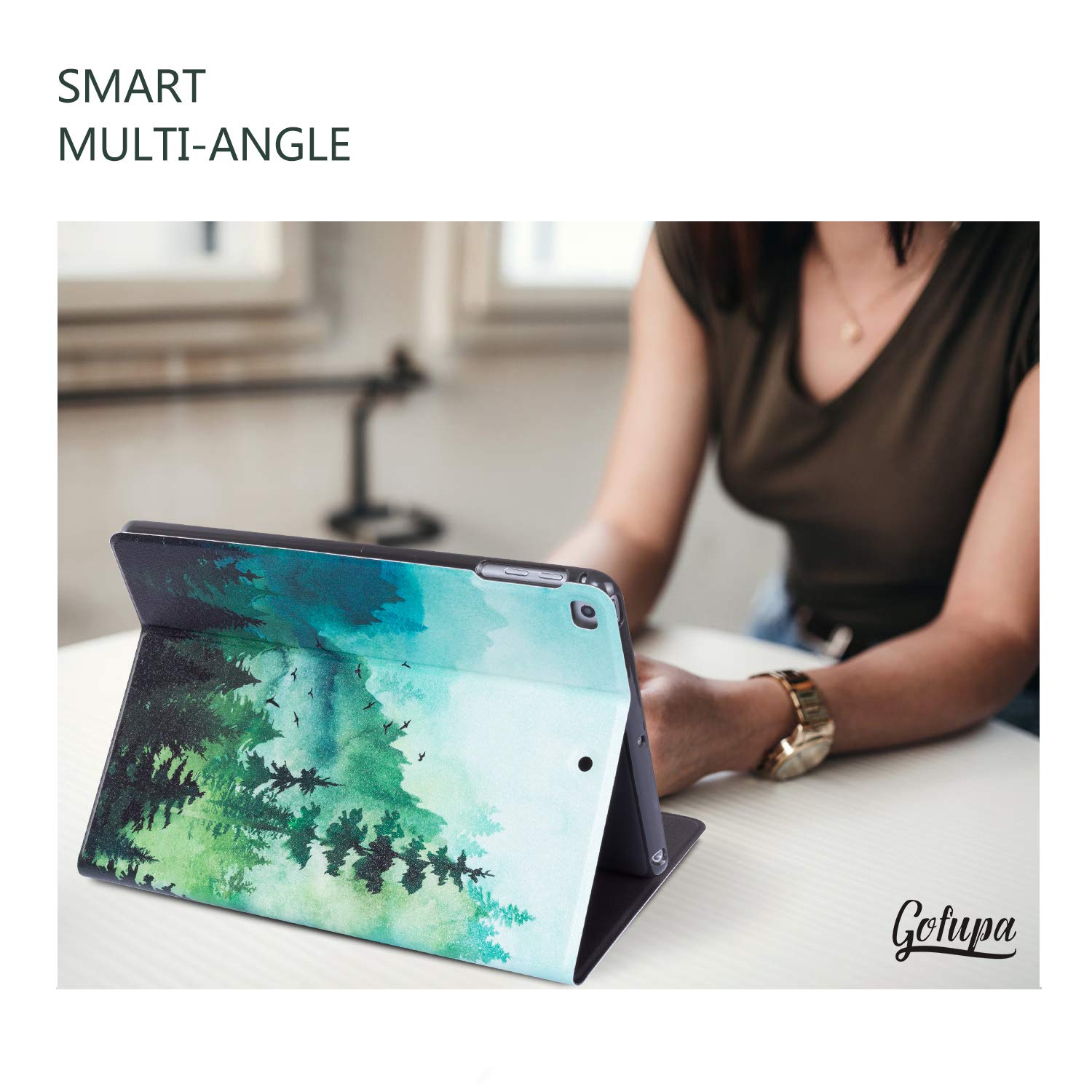 Premium Leather Folio Case for iPad Air 2/1 & iPad 6th/5th Gen (9.7 Inch) - Gofupa Slim Stand Cover with Multiple Viewing Angles | Green Tree Forest Design | Perfect for Work, Travel & Home Use