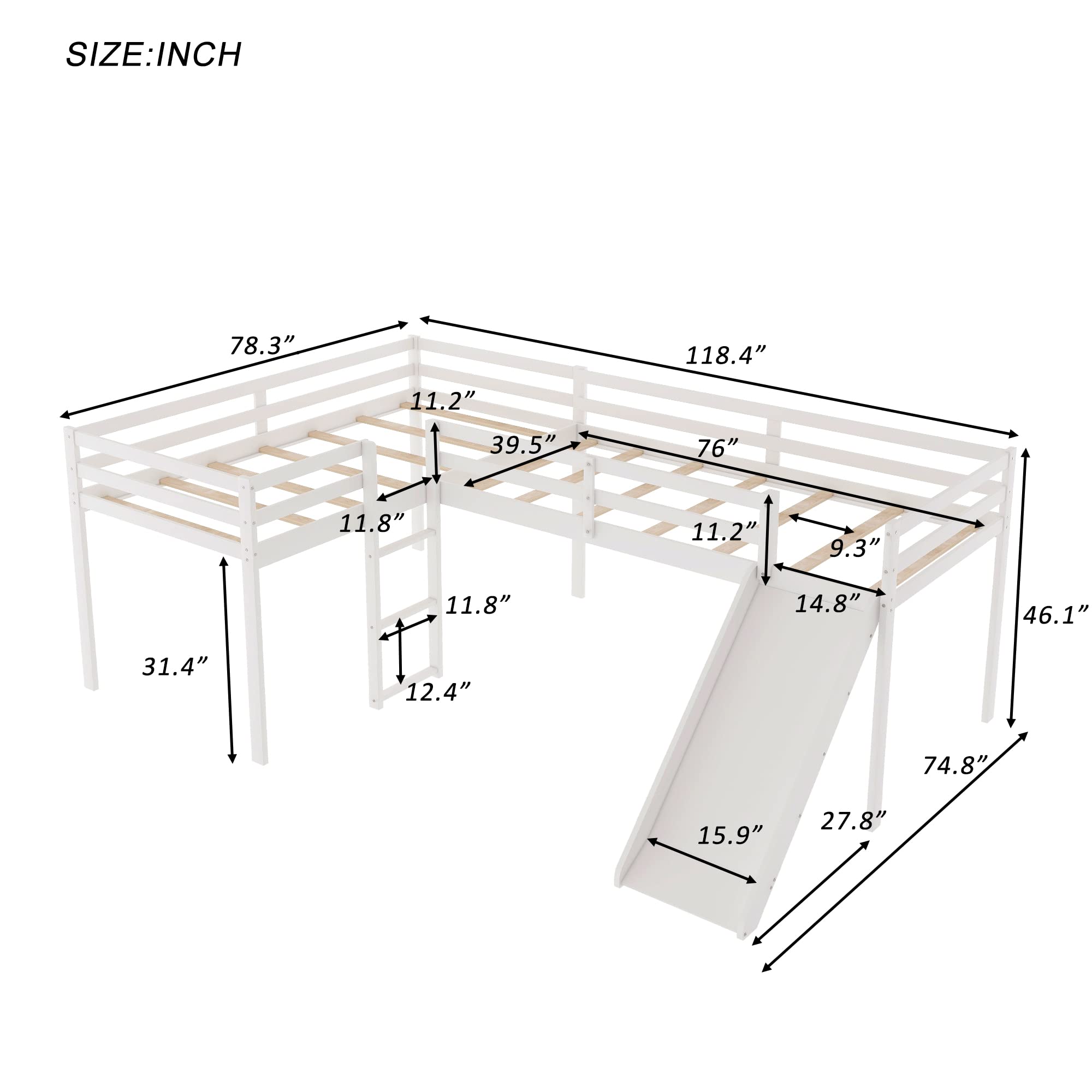 L-Shaped Twin Loft Bed with Slide - White Wooden Loft Bed Frame for Kids & Teens - No Box Spring Needed - Perfect for Small Rooms, Play Areas & Sleepovers