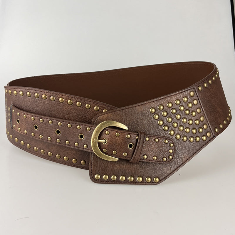 Vintage Faux Leather Wide Belt with Rivet Pin Buckle - Stylish Waist Cincher for Women's Retro Outfits, 80s Costume & Boho Fashion Accessories