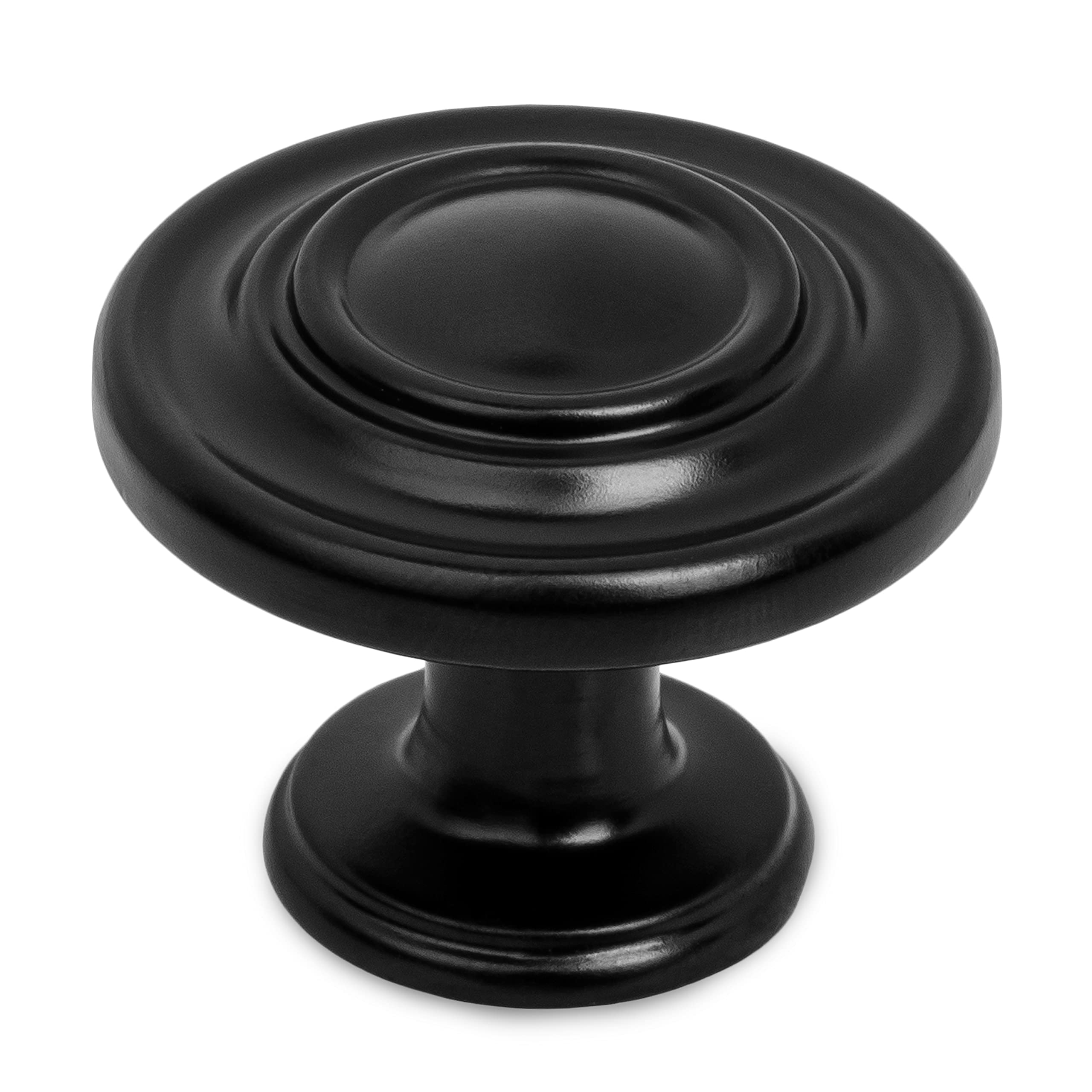 Ilyapa 10-Pack Flat Black Kitchen Cabinet Knobs - 1.25 Inch Round Ringed Drawer Pulls - Durable Cabinet Hardware for Modern Kitchens, Bathrooms & Furniture