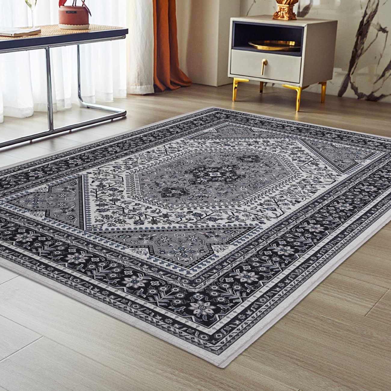 Wemina Vintage Bohemian Non-Slip Area Rug 4'x6' - Traditional Oriental Distressed Floral Medallion Accent Carpet for Entryway, Bedroom, Bathroom & Kitchen Decor | Perfect for Bohemian Home Style & Cozy Living Spaces (Black)