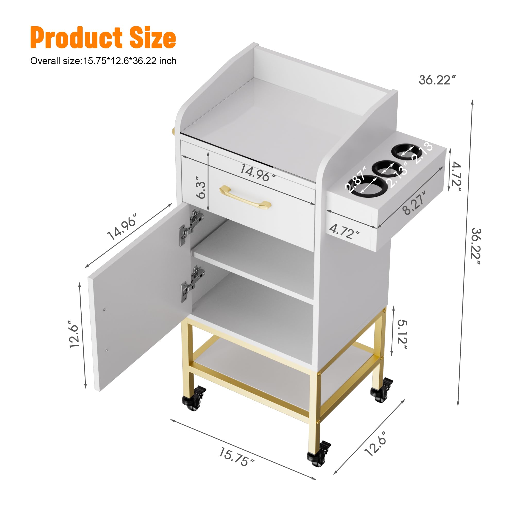 White Salon Trolley Cart with Glass Top - Lockable Wheels Beauty Storage Cabinet for Hair Stylists - Rolling Hair Station with Drawer & Cabinet | Perfect for Barber Shops, Beauty Salons & Home Styling Stations