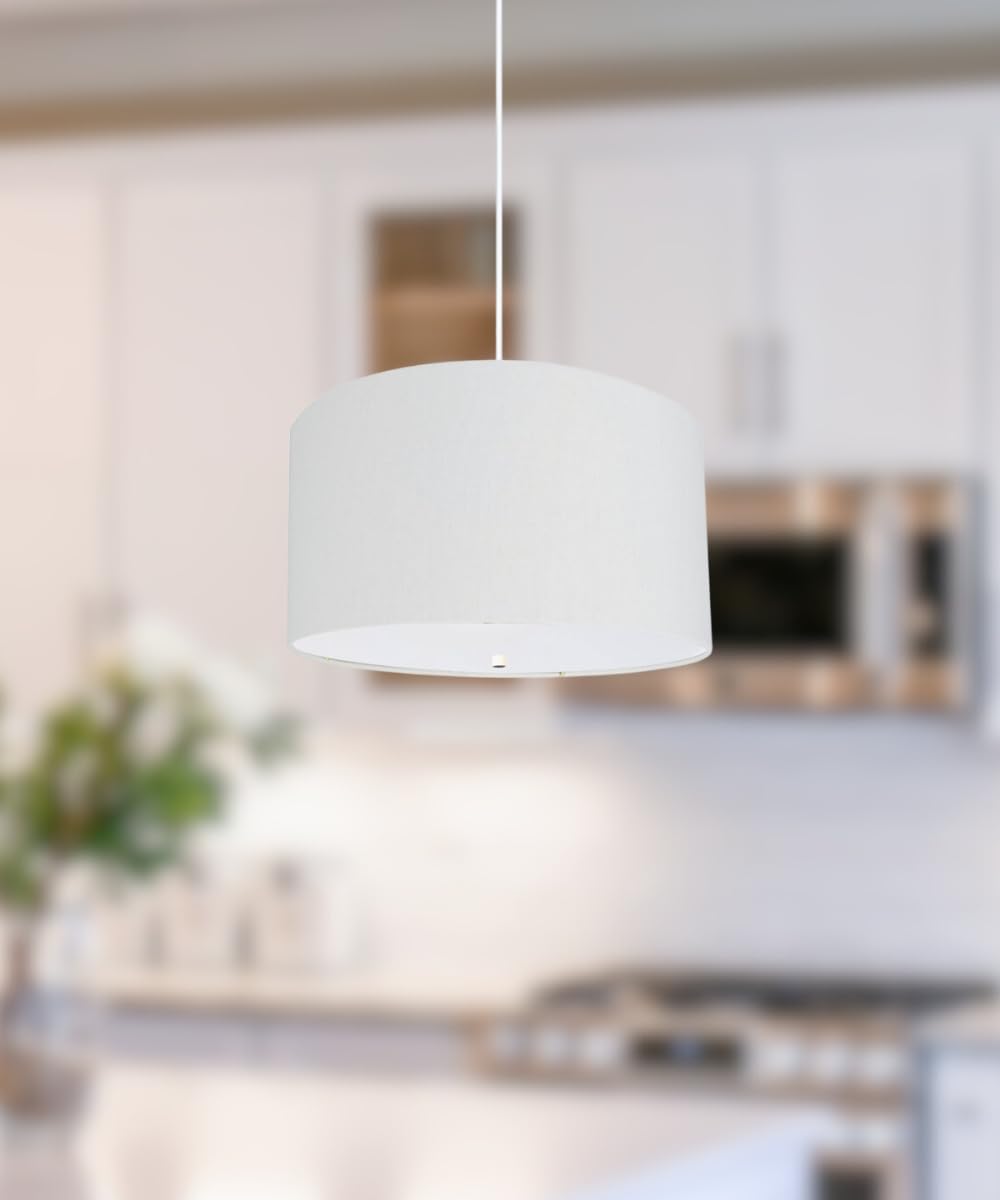 HomeConcept 16 Inch Wide 2-Light Pendant Lighting Fixture with White Linen Drum Shade & Diffuser - White Cord for Kitchen Island, Dining Room or Bedroom Lighting