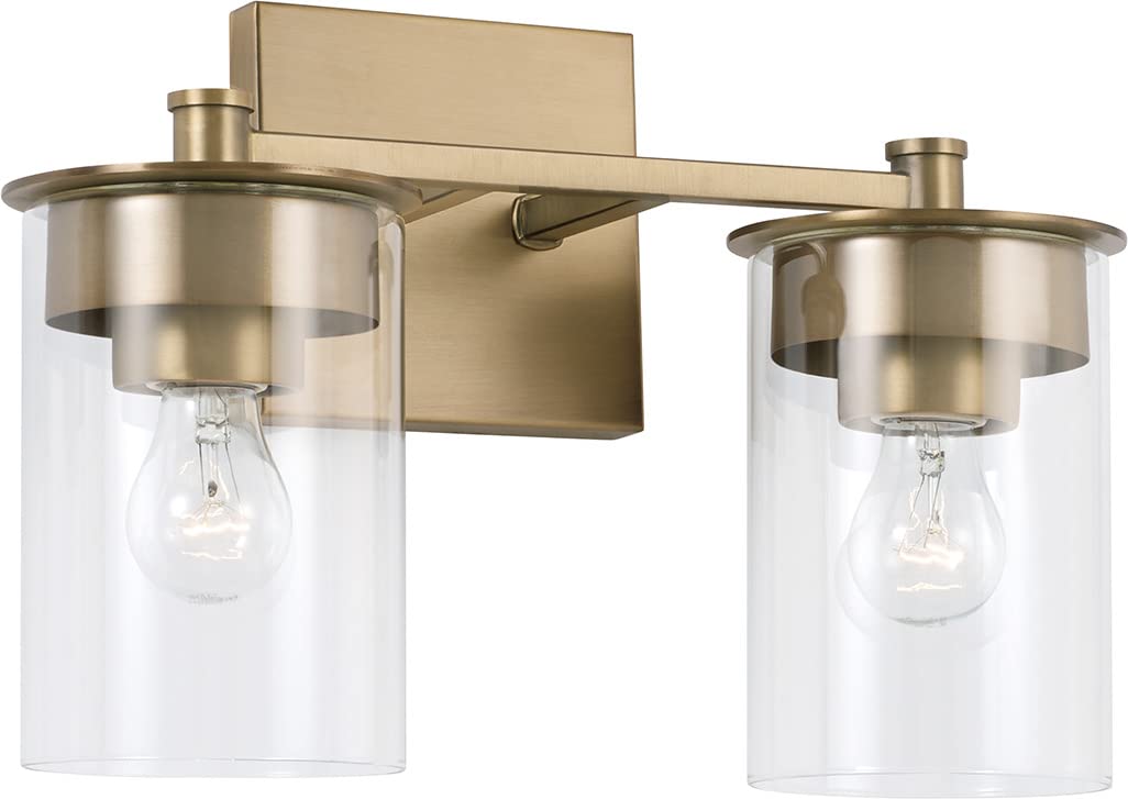 HomePlace Lighting 146821AD-532 Mason Transitional 2-Light Vanity Fixture - Clear Glass Cylinder Shade, Brass Finish, 9