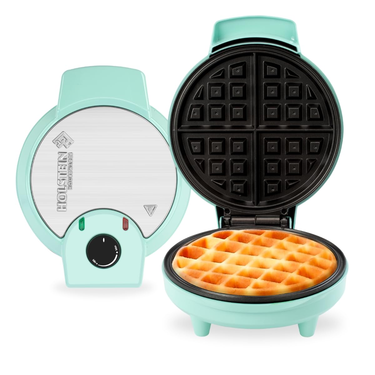 Holstein Housewares 7-Inch Belgian Waffle Maker with Non-Stick Coating - Mint Green & Stainless Steel - Quick & Easy Homemade Waffles for Breakfast, Brunch, or Dessert - Perfect for Family Meals & Entertaining