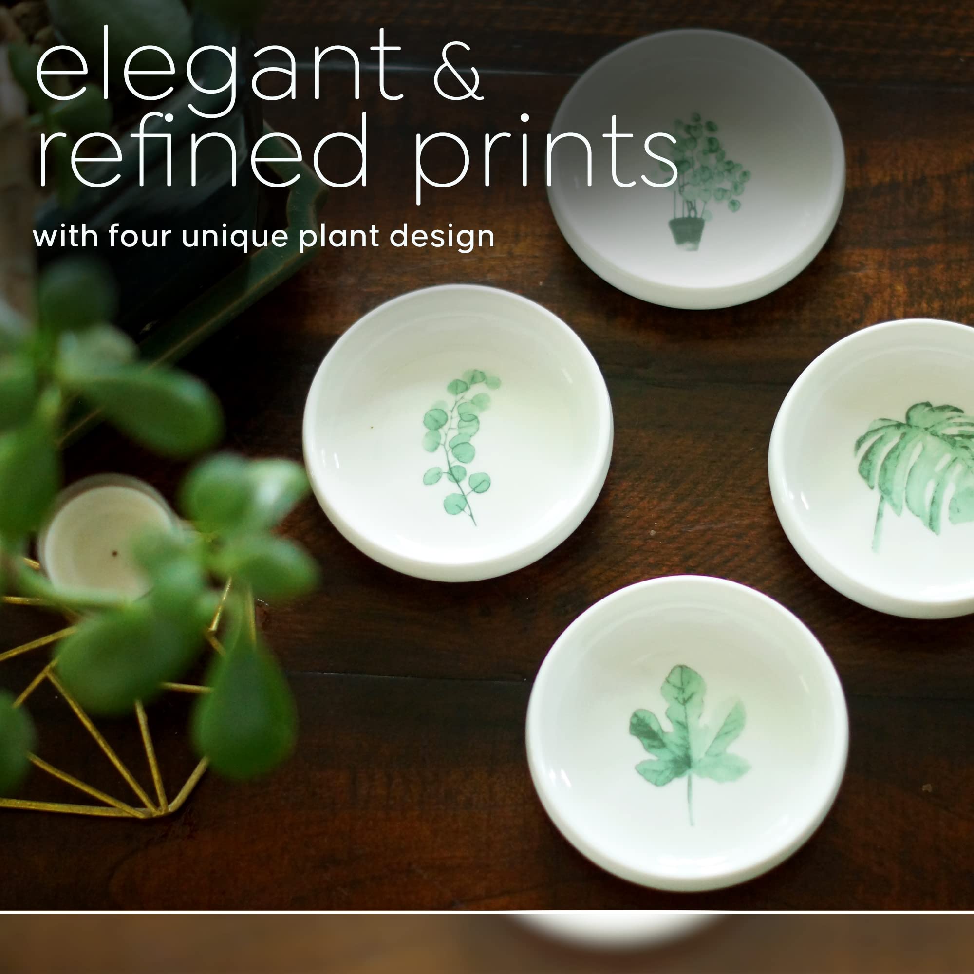 4-Pack Ceramic Ring Dishes with Decorative Plant Design - Stackable Jewelry Organizer for Rings, Earrings & Trinkets - Bathroom Vanity, Bedroom Dresser & Wedding Gift Idea - Cedar and Ink Collection