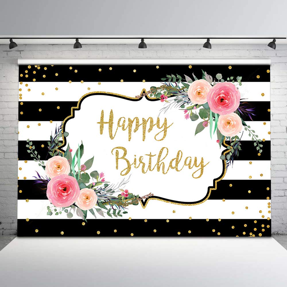 8x6ft Floral Birthday Backdrop - Black & White Stripes with Gold Glitter Dots & Flowers - Vinyl Photography Background for Adult Birthday Parties, Photo Shoots, and Special Events