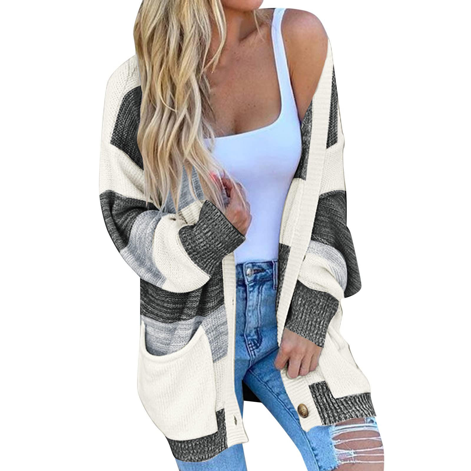 Women's Long Sleeve Knit Cardigan Sweater - Chunky Button Front Open Loose Jacket for Casual Outfits, Office Wear & Fall Layering