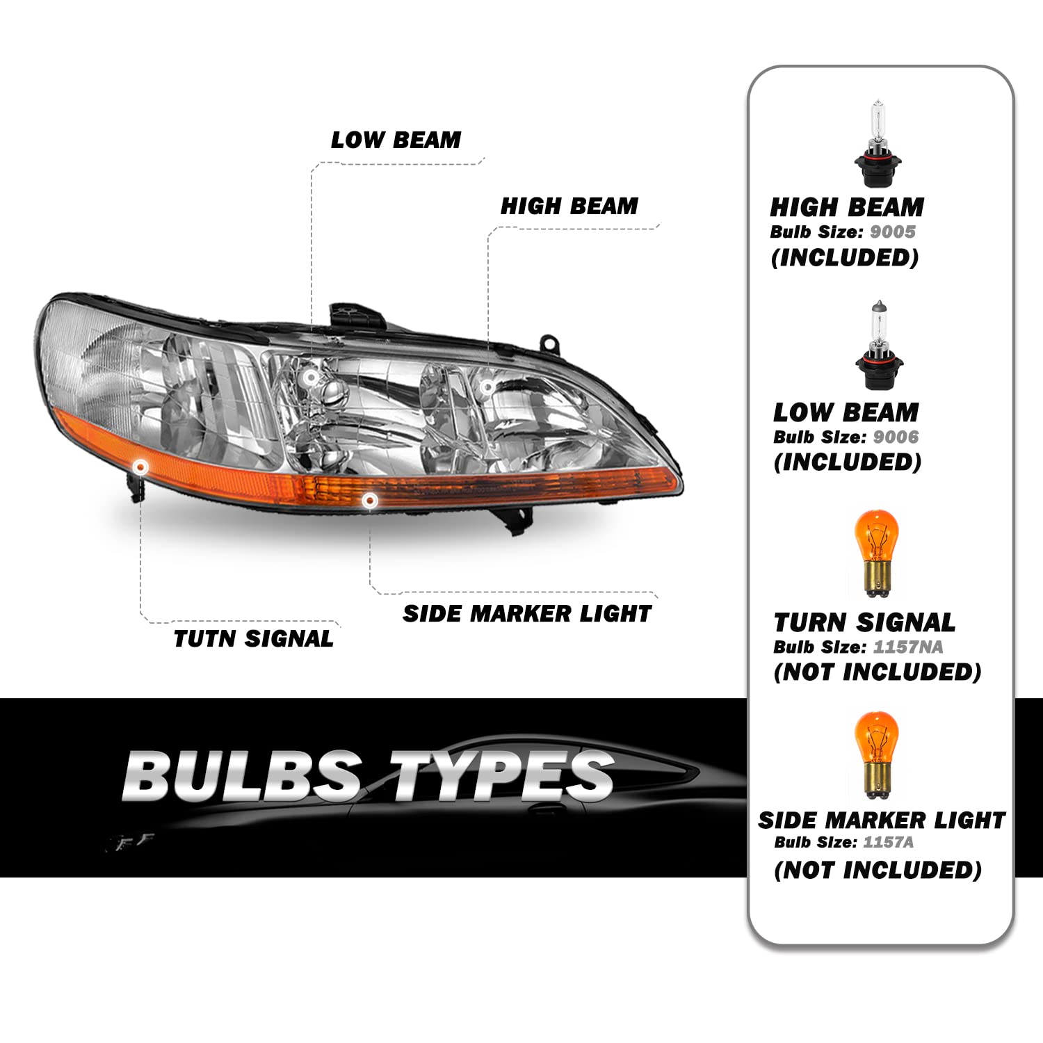 1998-2002 Honda Accord Headlight Assembly Replacement - Halogen Headlamp with Bulbs for Driver & Passenger Side (Chrome Housing & Amber Reflector) - Perfect for Night Driving & Foggy Conditions