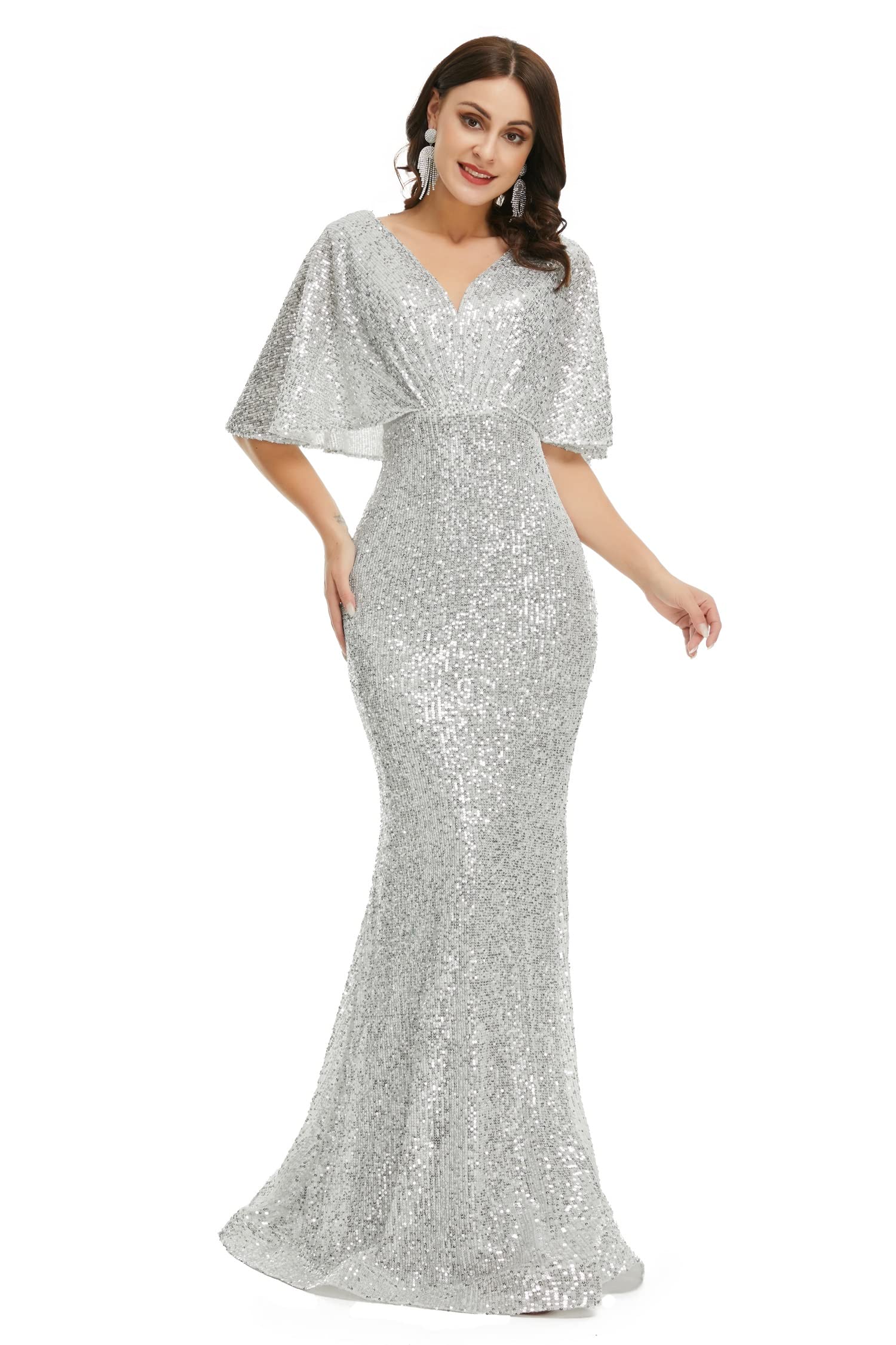 Engerla Women's Short Sleeve Sequin Mermaid V-Neck Evening Dress for Party, Prom, Formal Occasions, Wedding Bride & Bridesmaid - Perfect for Cocktail Events, Gala Nights, and Special Celebrations