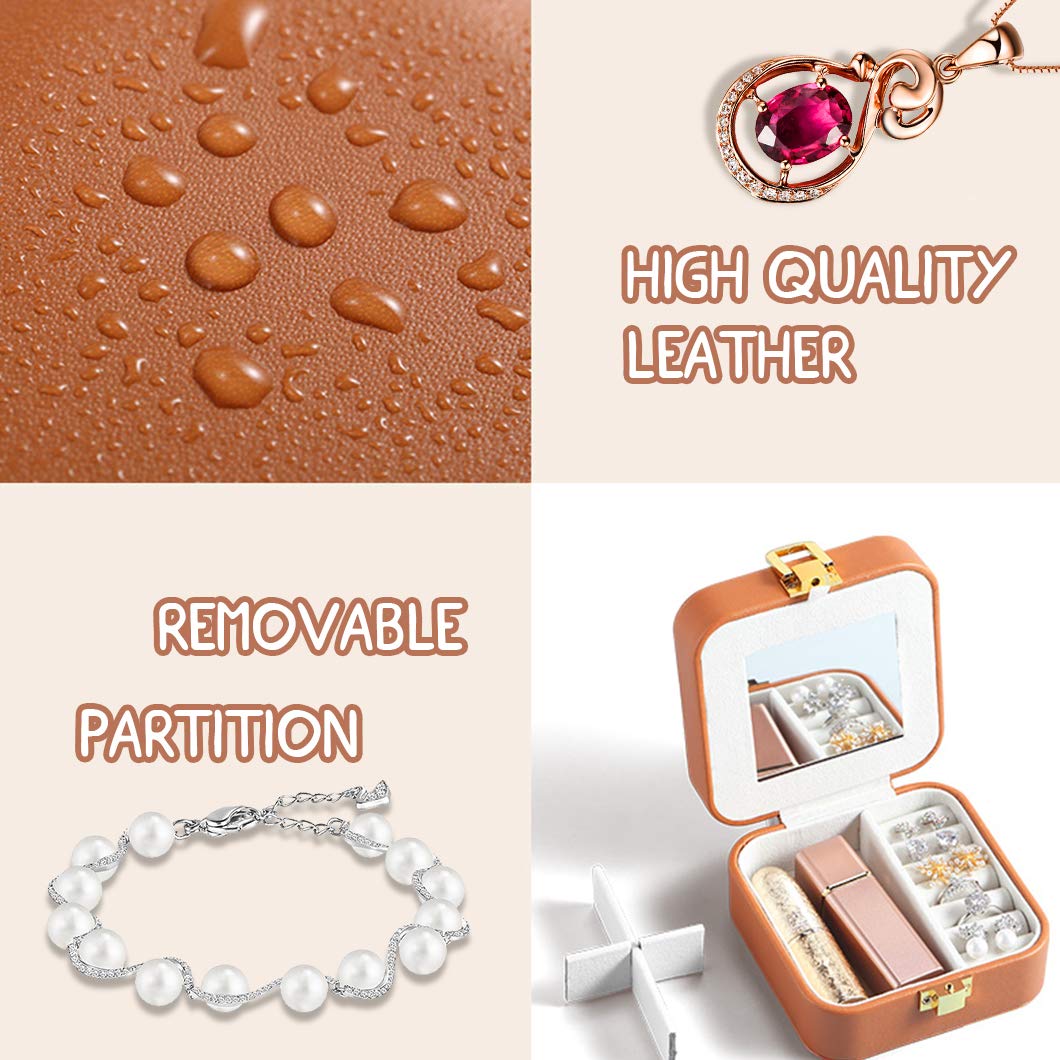 Rolin Roly PU Leather Travel Jewelry Organizer Box - Waterproof Jewelry Storage Case with Mirror for Rings, Necklaces, Bracelets, Earrings & Pendants (Brown) | Perfect for Travel, Home Storage & Gift Giving