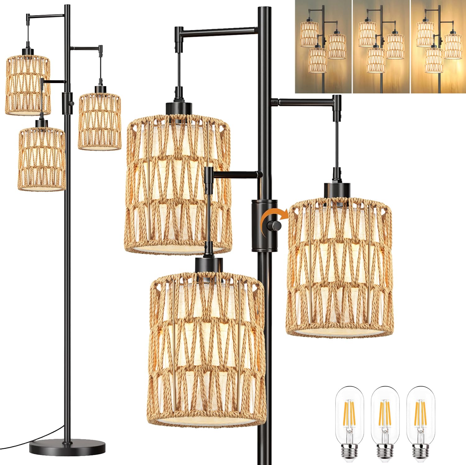 Boho Floor Lamp for Living Room & Bedroom - 3-Light Dimmable Standing Lamp with LED Bulbs, Rustic Tall Tree Design in Black - Perfect for Home Office, Corner Decor & Cozy Ambiance Lighting