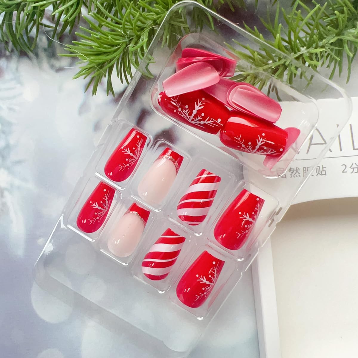 Christmas Press on Nails Short Square - 24PCS Winter Snowflake Fake Nails with Red White Stripe & French Tip Designs | Acrylic Full Cover Glue on Nails for Women | Perfect for Holiday Parties, Gift Giving & Festive Nail Art