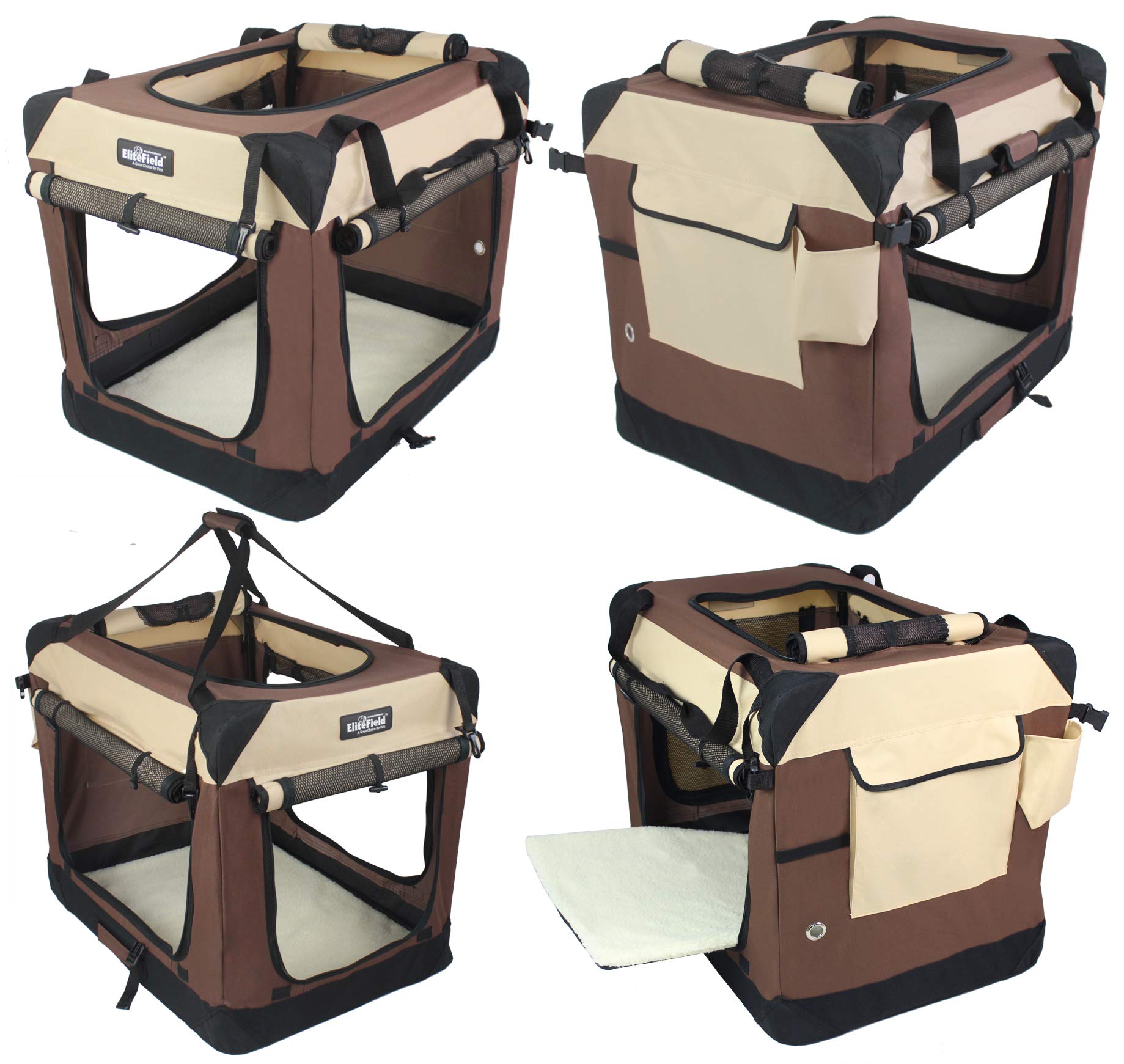EliteField 4-Door Foldable Soft Dog Crate with Removable Curtains, Carry Bag & Plush Fleece Bed - Portable Indoor/Outdoor Pet Kennel for Travel & Home (24
