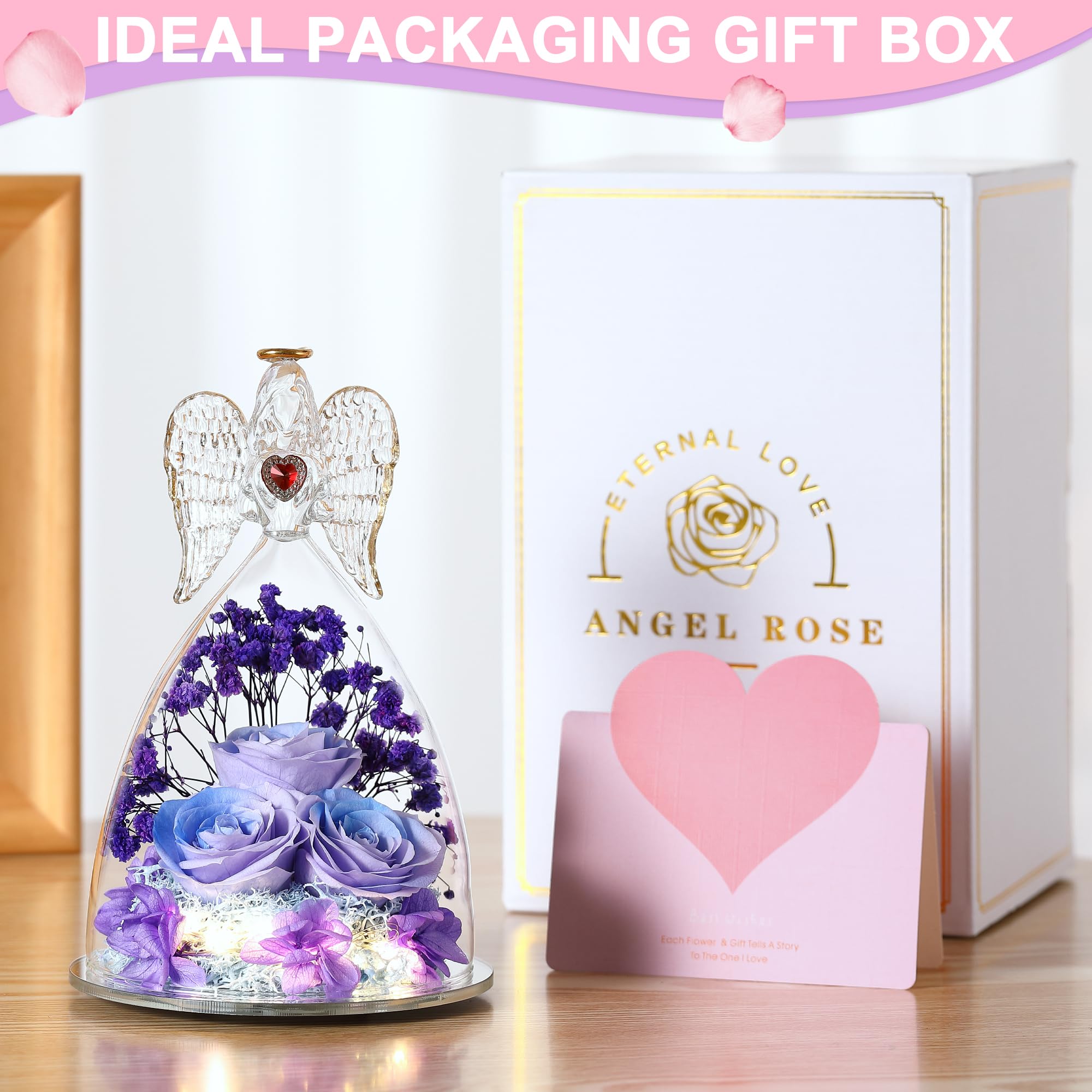 Mother's Day Rose Gifts for Women - Large Angel Figurines with Real Preserved Roses in Purple & Blue | Perfect for Home Decor, Wedding Centerpieces & Romantic Gifts