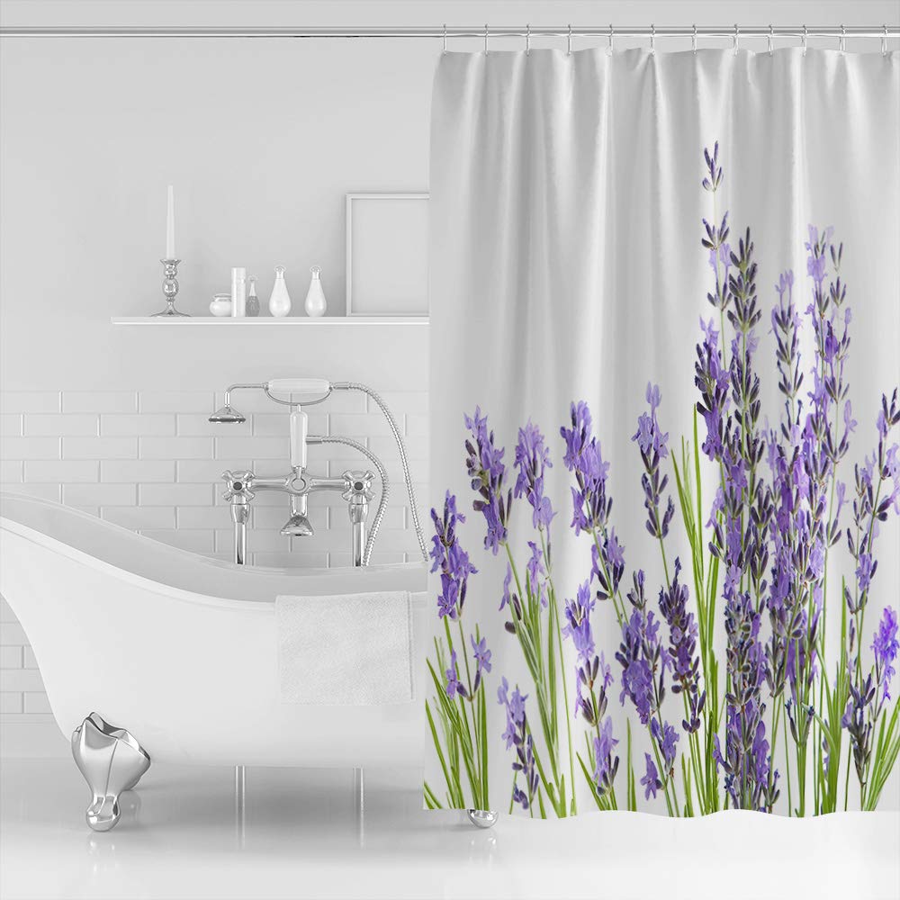 Waterproof Lavender Flower Shower Curtain Set - 66 x 72 Inch Purple Bathroom Decor with Hooks, Washable Fabric Bath Accessories for Home & Hotel Use - Perfect for Spa-Like Bathroom Makeovers