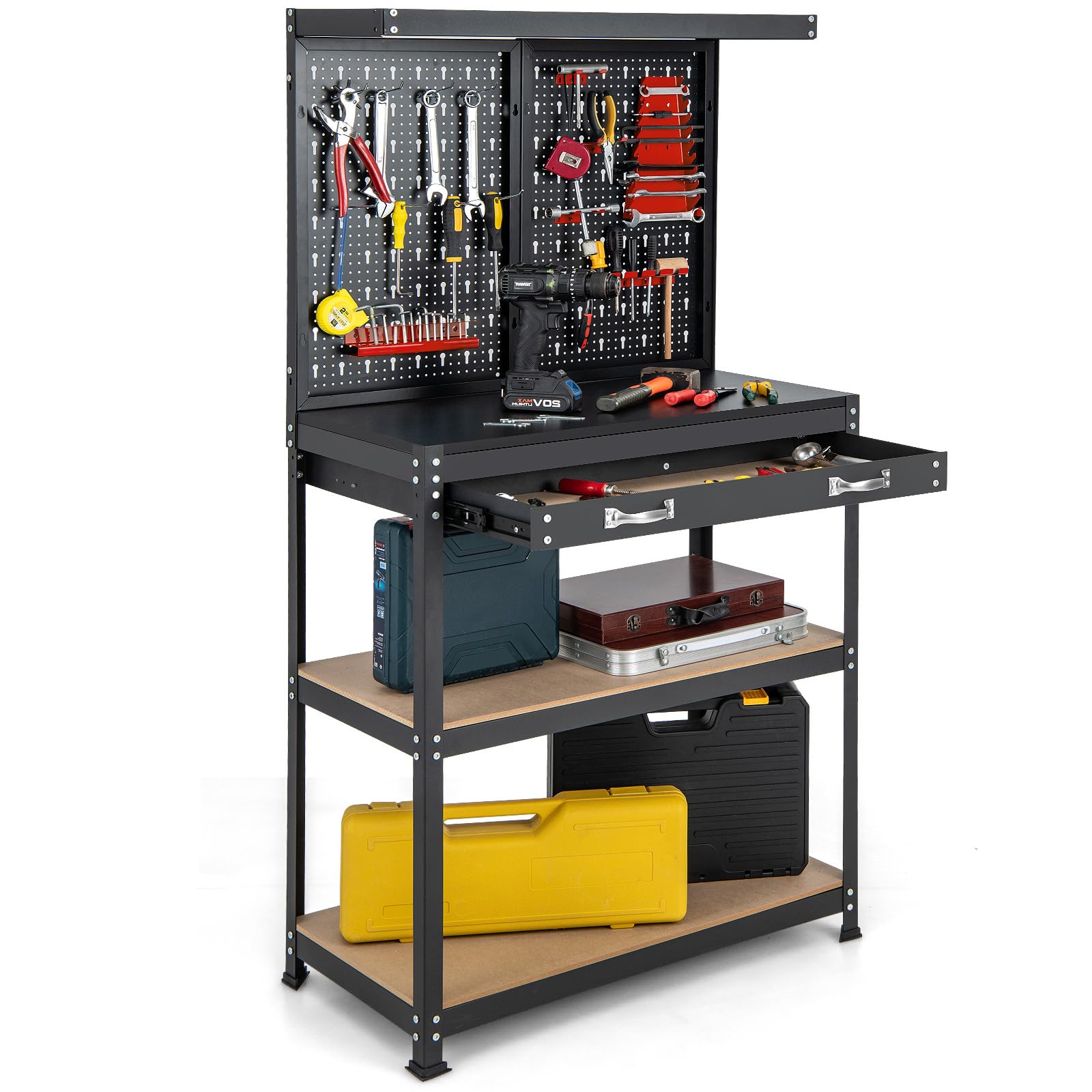 Heavy Duty IRONMAX 32’’ Workbench with Drawers - 14 PC Hanging Kits, 2 Storage Shelves & Long Drawer - Sturdy Workstation Organizer for Garage, Home Workshop, Auto Repair & DIY Projects