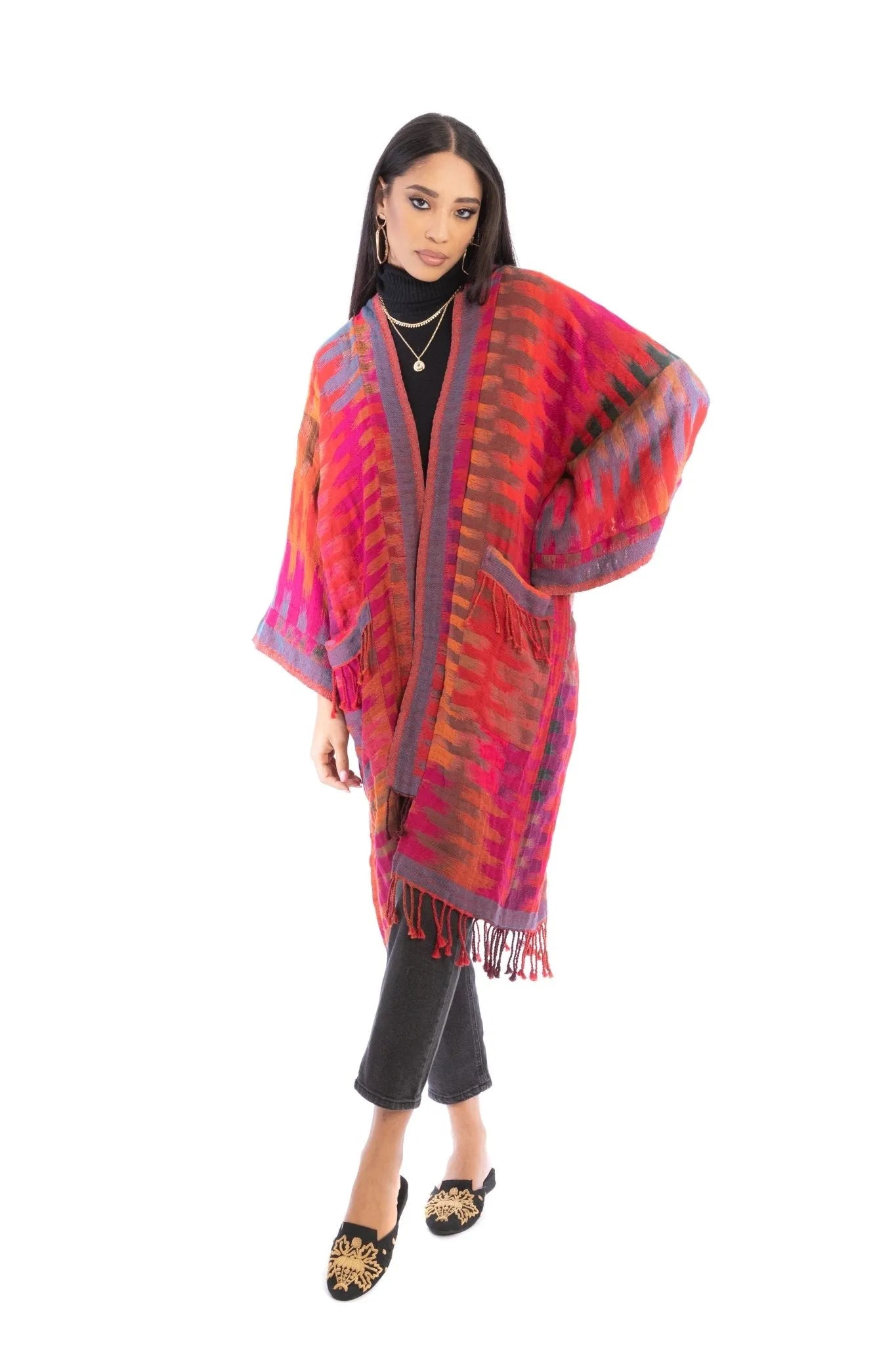 Vintage Cotton Striped Fringe Long Jacket for Women - Boho Chic Outerwear for Fall & Winter Fashion, Perfect for Casual Outings and Music Festivals