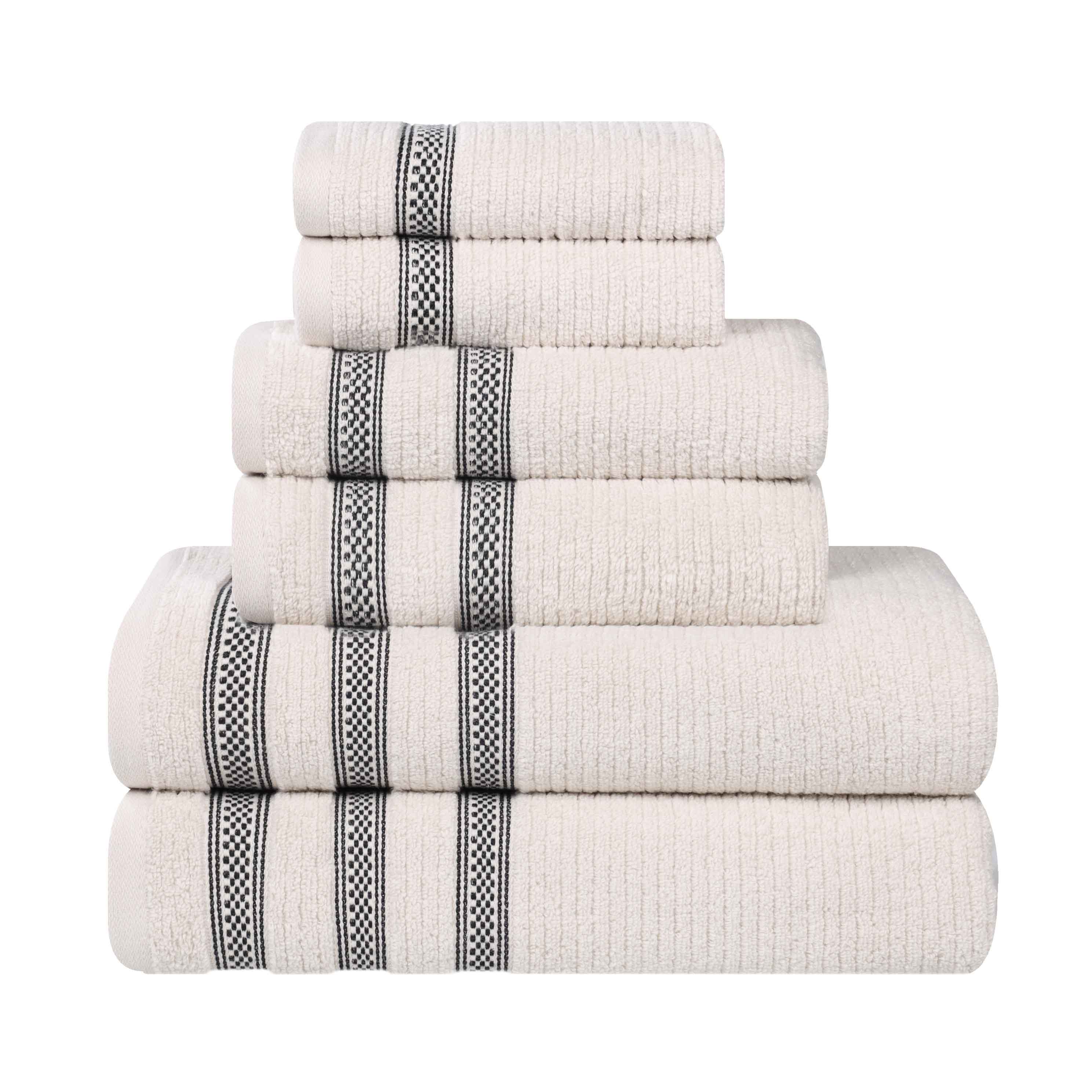 Premium 6-Piece Zero Twist Cotton Towel Set - Ultra Soft, Ribbed Geometric Border, Plush Bath & Beach Towels for Spa, Gym, and Poolside Luxury