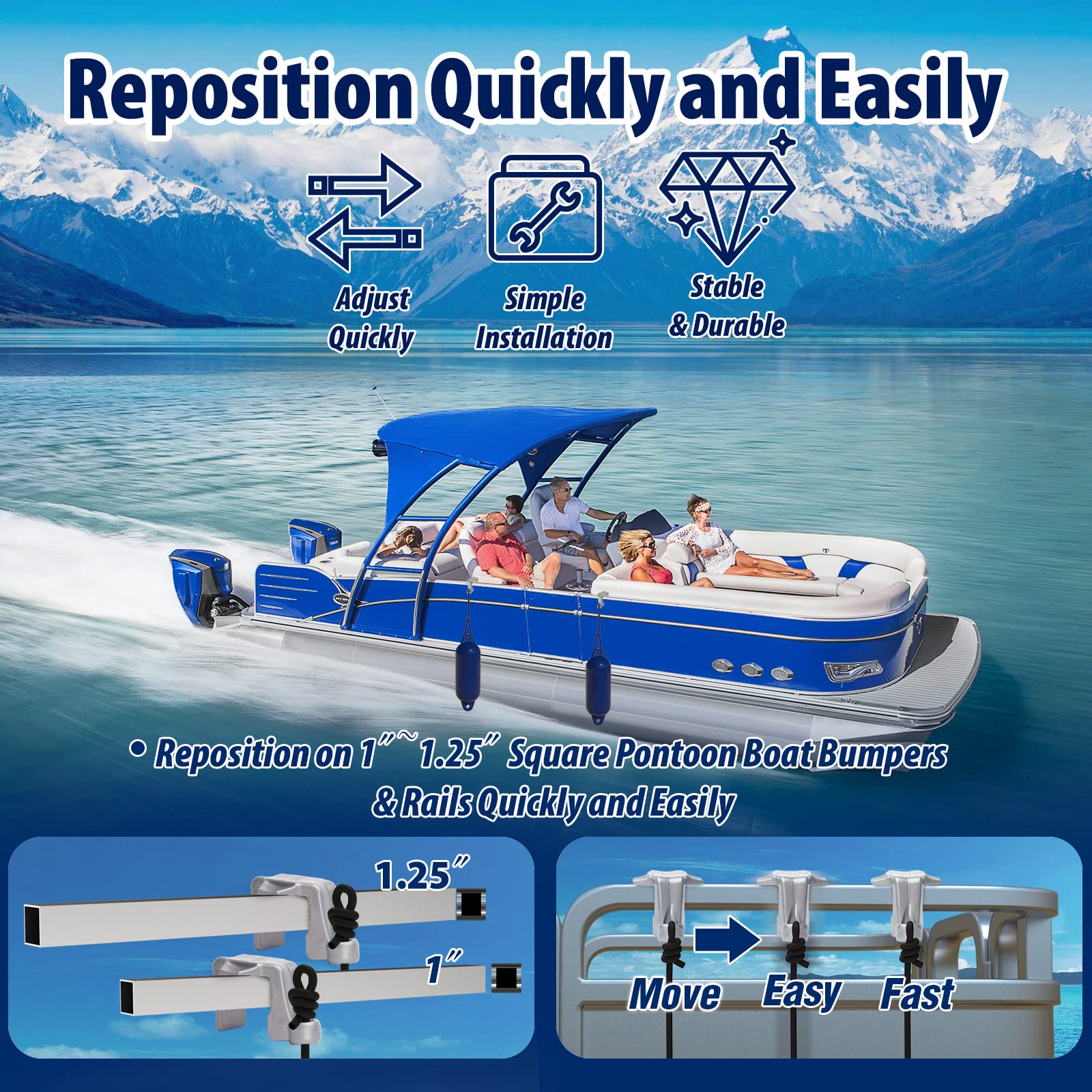 Pontoon Boat Fender Clips - Heavy Duty Square Rail Hangers & Adjusters for Secure Docking - Compatible with Pontoon Bumpers - Perfect for Marina, Dock, and Waterfront Protection