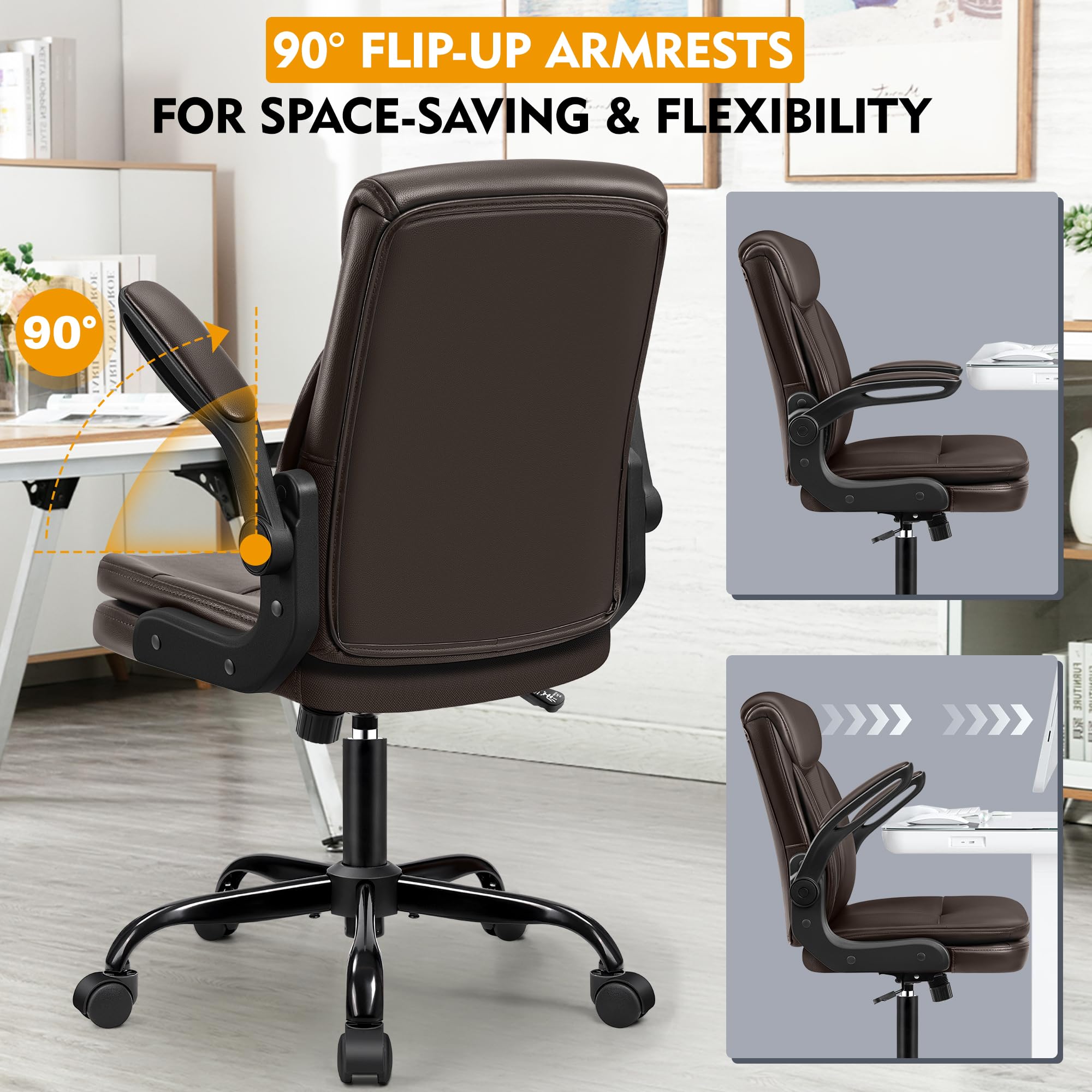 Premium Ergonomic Office Chair with Lumbar Support - Adjustable Height Executive Desk Chair with Flip-Up Armrests & Rocking Function, High-Quality Leather Computer Chair for Home Office, Conference Rooms & Workspaces