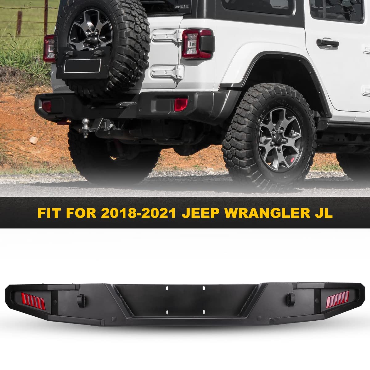 HAWKLEY Offroad Rock Crawler Full Width Rear Bumper with 2X LED Lights for Jeep Wrangler JL & JLU Unlimited (2018-2023) - Fits 2/4 Door Rubicon Sahara Sport Models - Heavy Duty Protection for Off-Roading & Trail Adventures