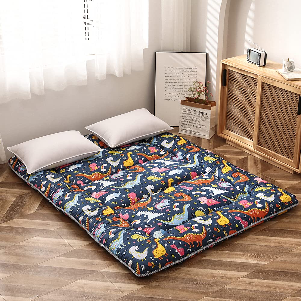 Dinosaur Themed Japanese Floor Futon Mattress for Kids - Thick Tatami Sleeping Pad, Foldable Bed Roll, Floor Lounger for Boys & Girls - Queen Size for Bedroom, Playroom & Sleepovers