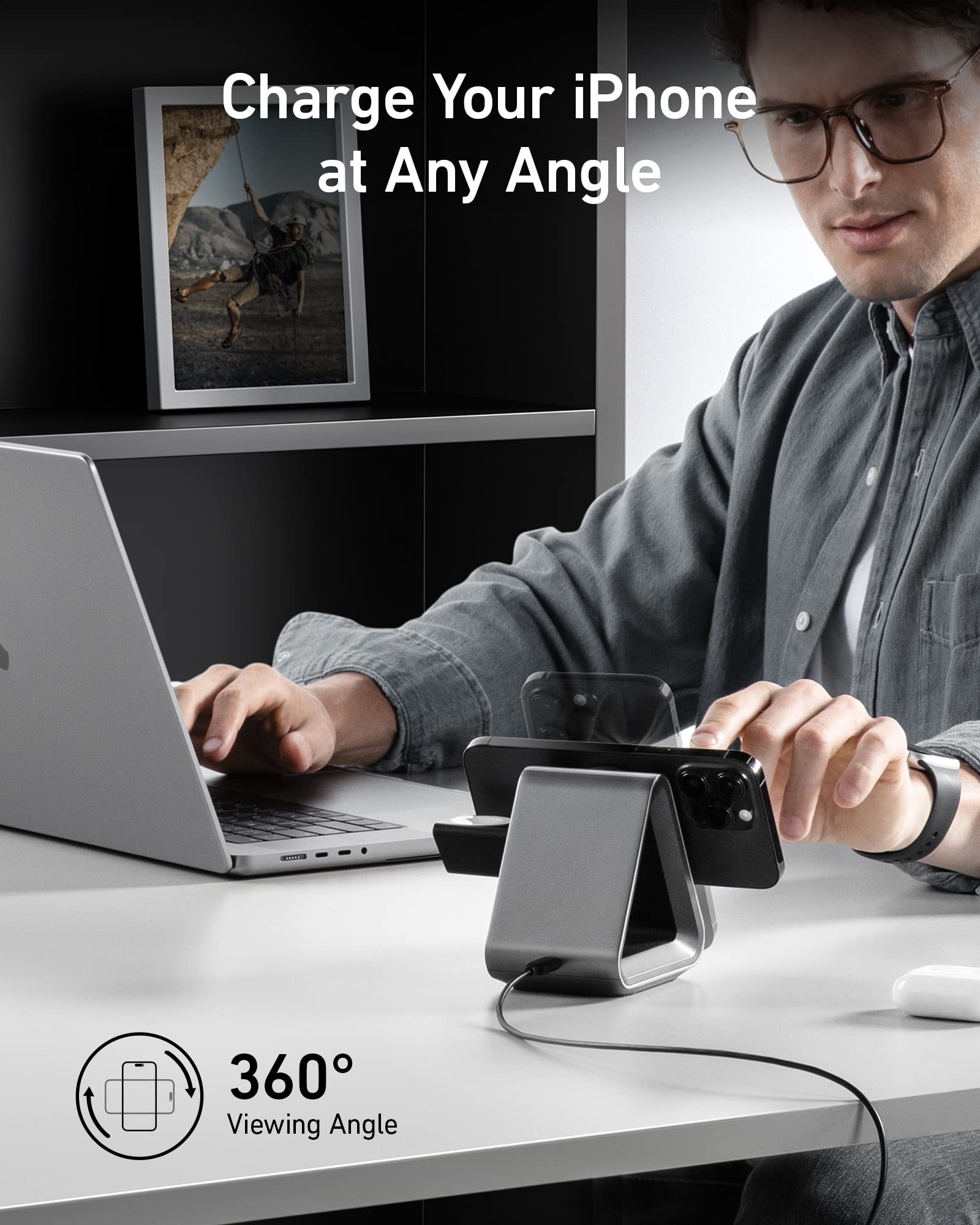 Anker MagGo 3-in-1 Magnetic Wireless Charging Station - MFi Certified 15W Max Fast Charger for iPhone 16/15/14/13/12, Apple Watch Series 8/7/6 & AirPods 3/Pro (Includes 30W USB-C Adapter) - Perfect for Home, Office & Travel Charging