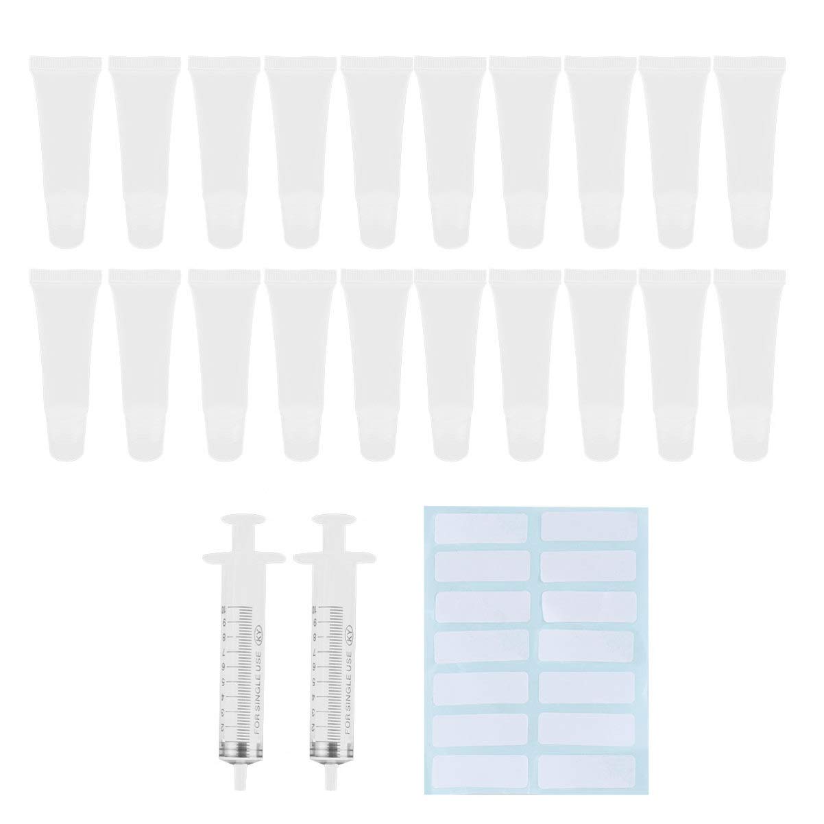 FRCOLOR 10ml Clear Empty Lip Gloss Tubes - Refillable Cosmetic Squeeze Containers with Labels & Syringes for DIY Lip Balm Base (36 Pack) - Perfect for Makeup Artists, Beauty Salons & Home Cosmetic Crafting