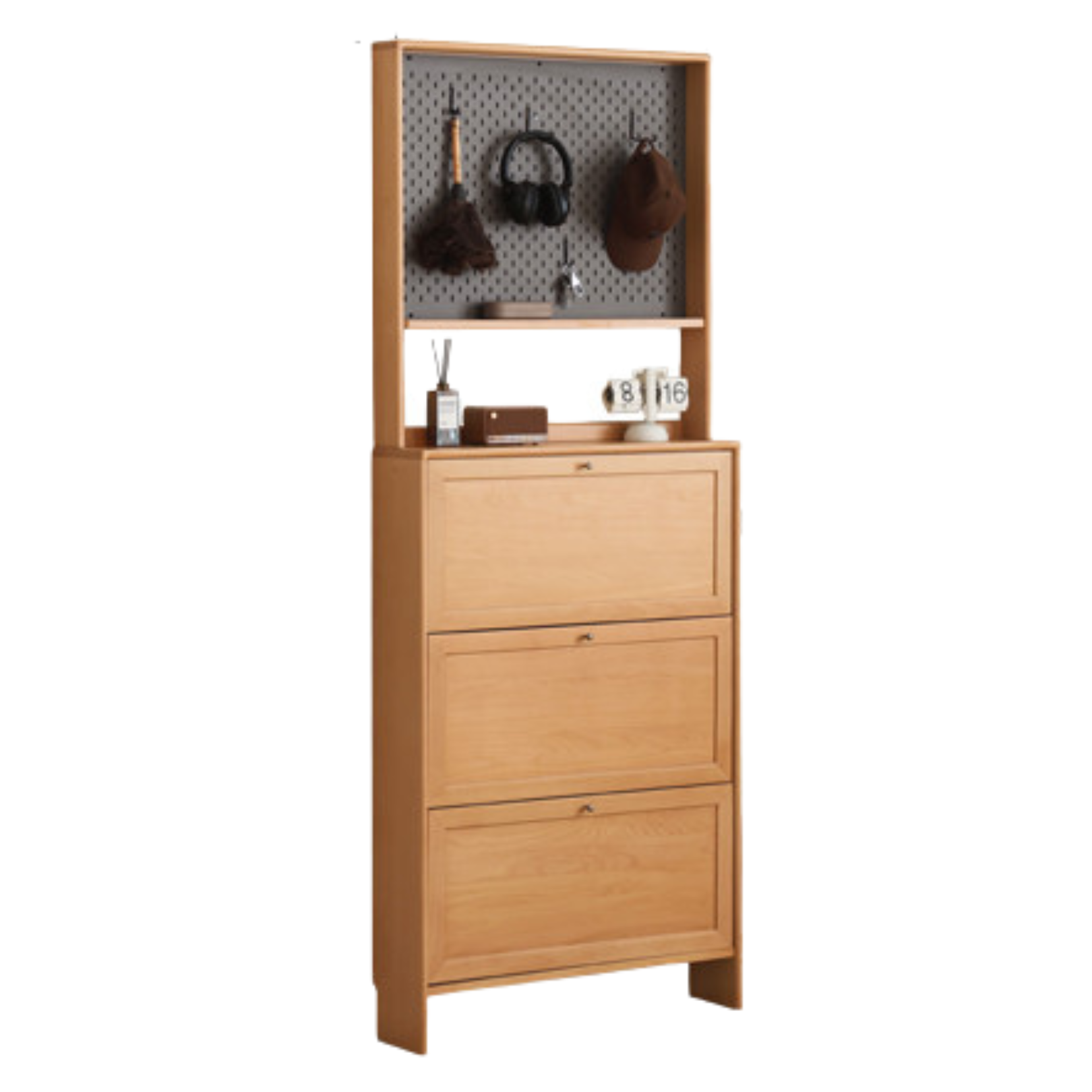 33.4x7.8x83.8 inch / 85x20x213cm / Natural wood color / flip bucket shoe cabinet
