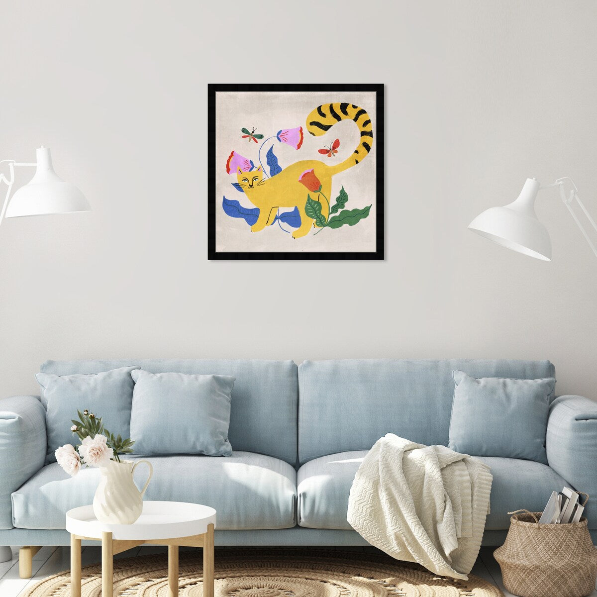 Blonde Tabby Floral Kitten Butterfly Garden Modern Yellow Framed Wall Art Print - Perfect for Bedroom, Nursery & Home Decor