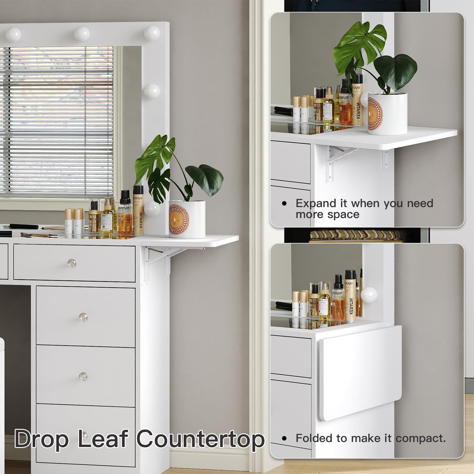 Vanity Desk with Power Outlet & LED Lights - Makeup Vanity Set with Mirror, 9 Drawers & Fold-up Panel - 3 Adjustable Lighting Modes (White) | Perfect for Bedroom, Dressing Room & Beauty Salon