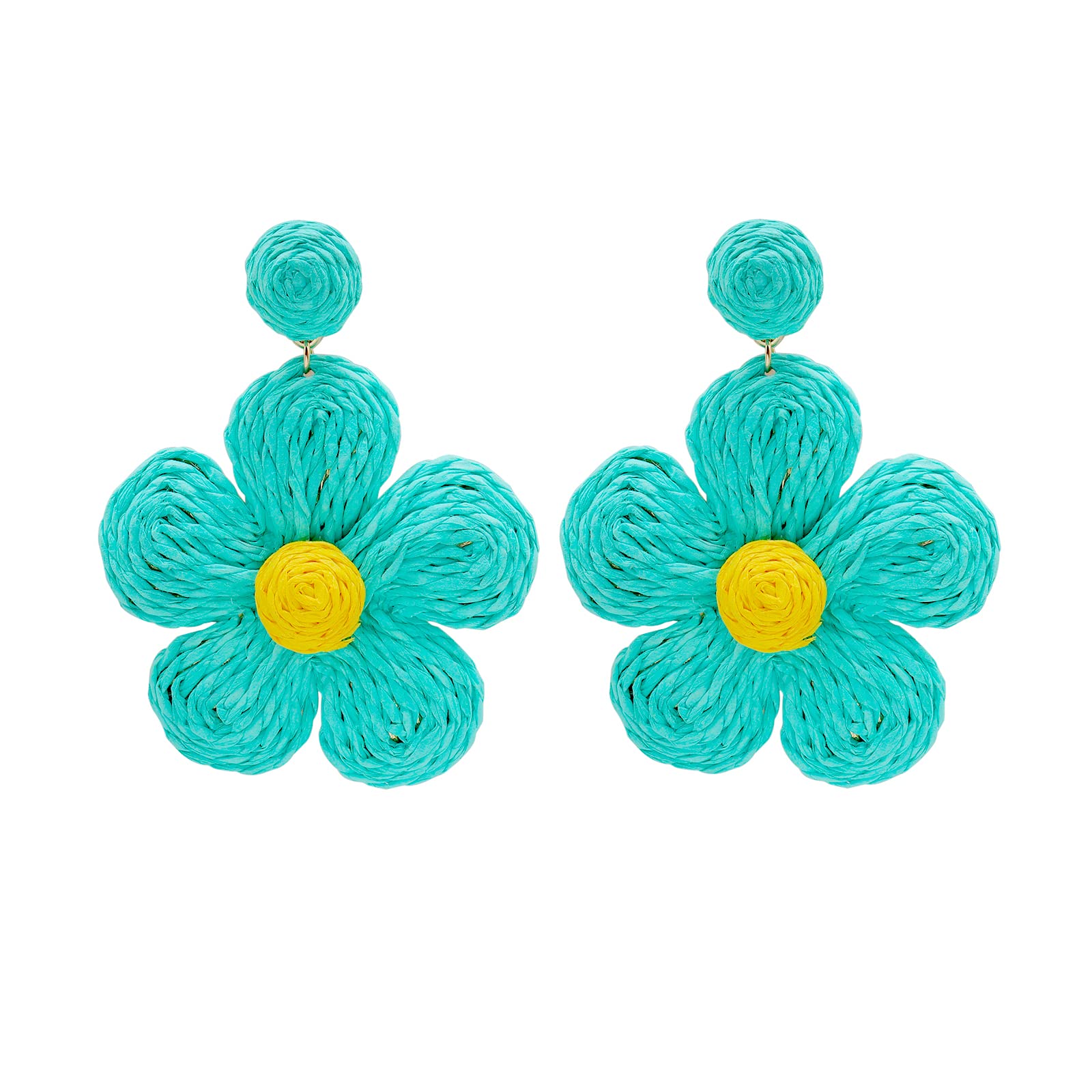 Boho Geometric Round Flower Rattan Drop Dangle Earrings for Women - Handmade Braid Straw Wicker Statement Earrings | Perfect for Beach Vacations, Summer Parties & Boho Fashion Accessories