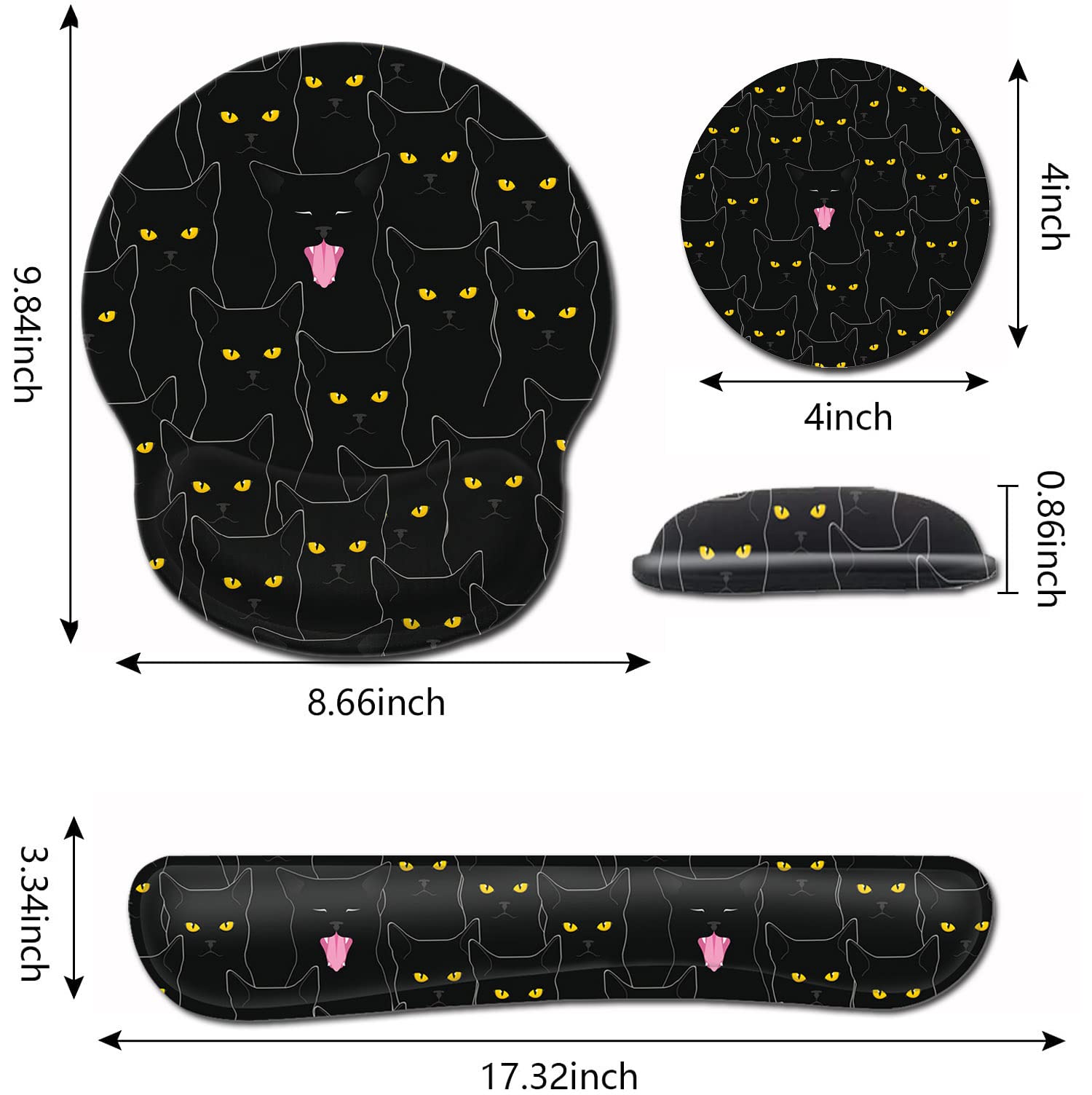 Ergonomic Black Mouse Pad with Wrist Support & Keyboard Rest - Gel Cushion for Computer, Laptop, Home Office & Gaming - Cute Cat Pattern Wireless Desk Pad to Relieve Wrist Fatigue | Perfect for Long Work Hours, Gaming Sessions & Typing Comfort