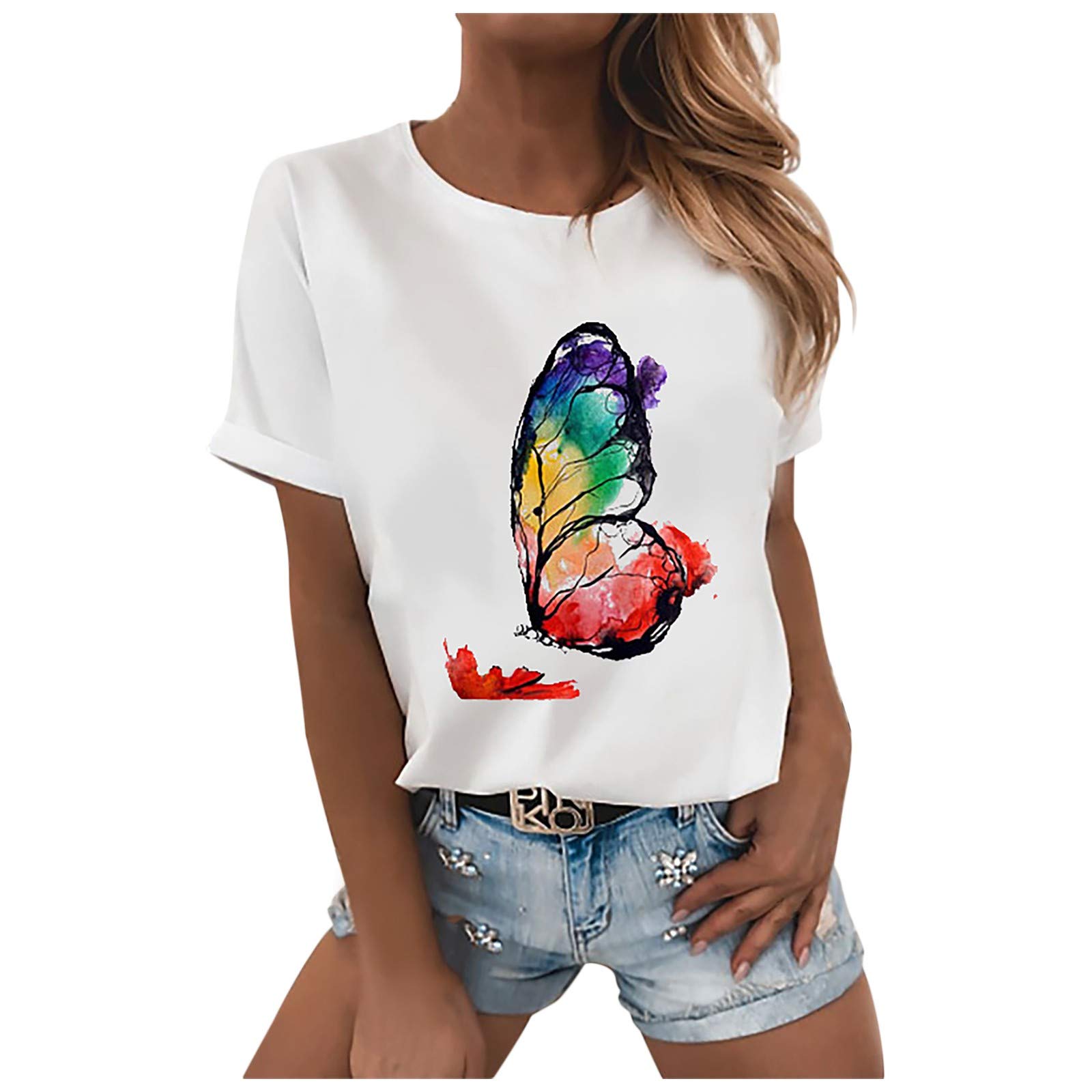 Women's Butterfly Print Crew Neck Tee Shirt - Plus Size Casual & Workout Tops for Women - Perfect for Gym, Yoga, and Everyday Wear